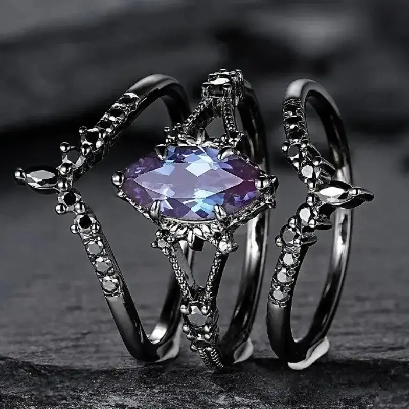 Women's 3-Piece Gunmetal Tone PVC Rings, Dark-Aesthetic Vintage Style with Amethyst-Inset Accents, Mystical Warrior-Inspired Gothic Finger Jewelry for Daily Stacked Wear, 3-Pieces