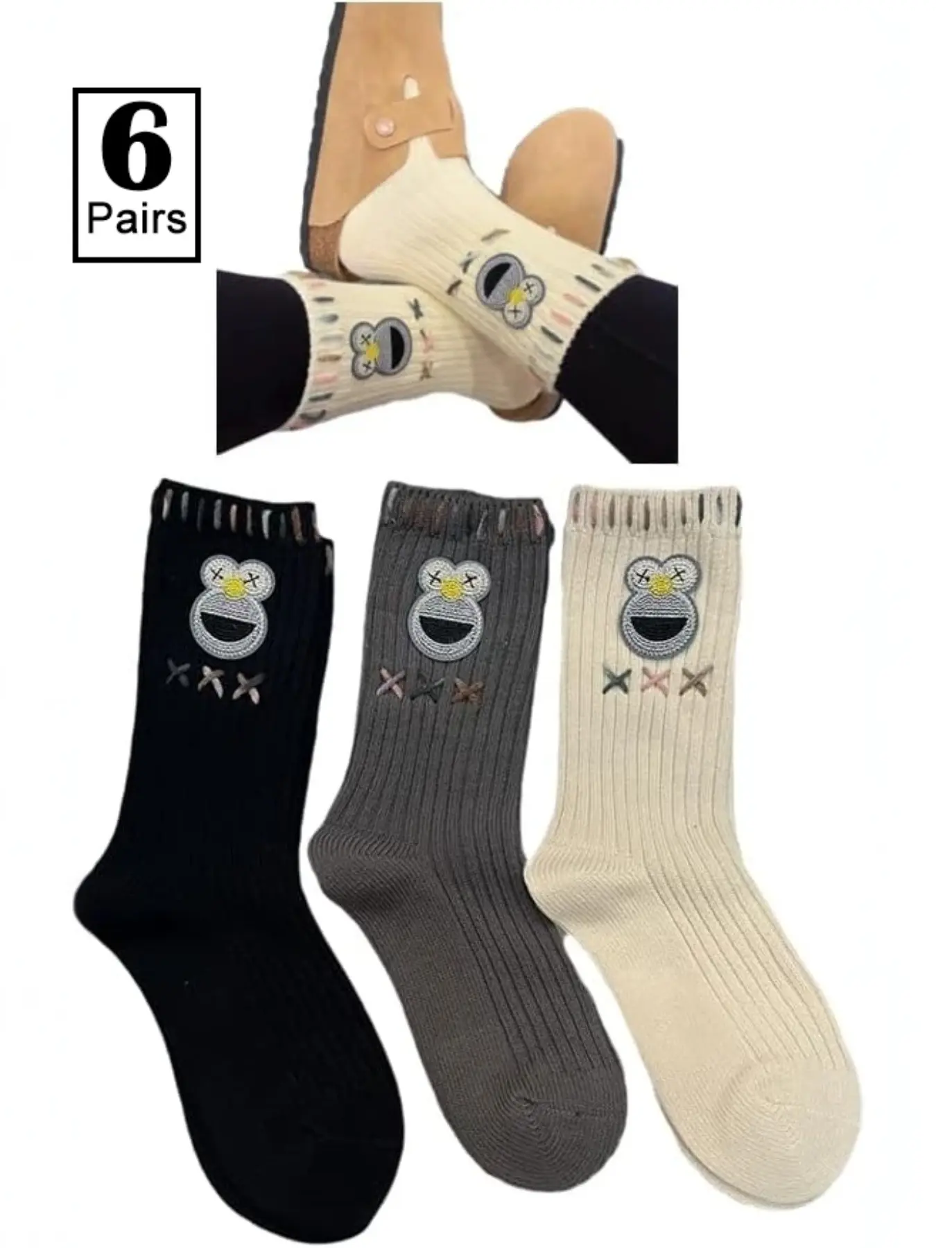 6 Pairs Cute Women's Mid-Calf Socks, Frog Pattern Socks, Adorable Knit Ribbed Design, Versatile Female Socks, Fashionable and Comfortable