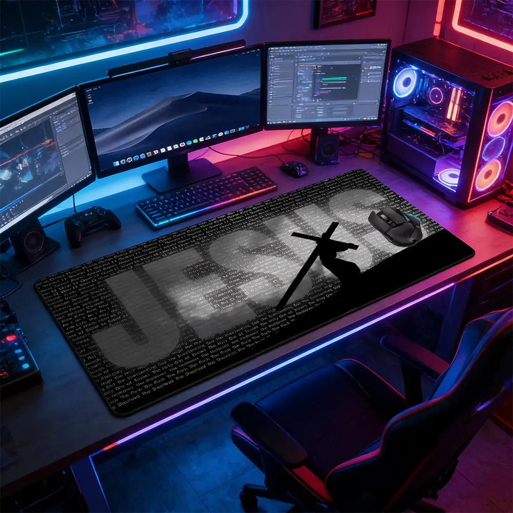 Jesus Text & Cross Silhouette Gaming Mouse Pad, Non-Slip Rubber Base, Devotional Art Design, Durable Desk Mat for Home Office & Gaming