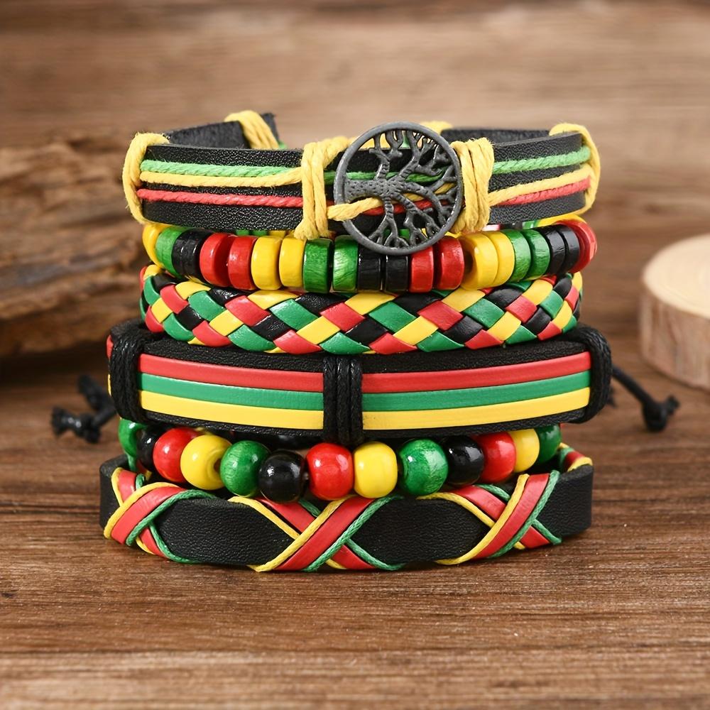 6Pcs Juneteenth Bracelets Set Handmade Retro Geometric Pattern Faux Leather Wristbands Colorful Multi-Layered Bohemian Synthetic Stone Adjustable Jamaican Style Bracelets Stackable Bangle