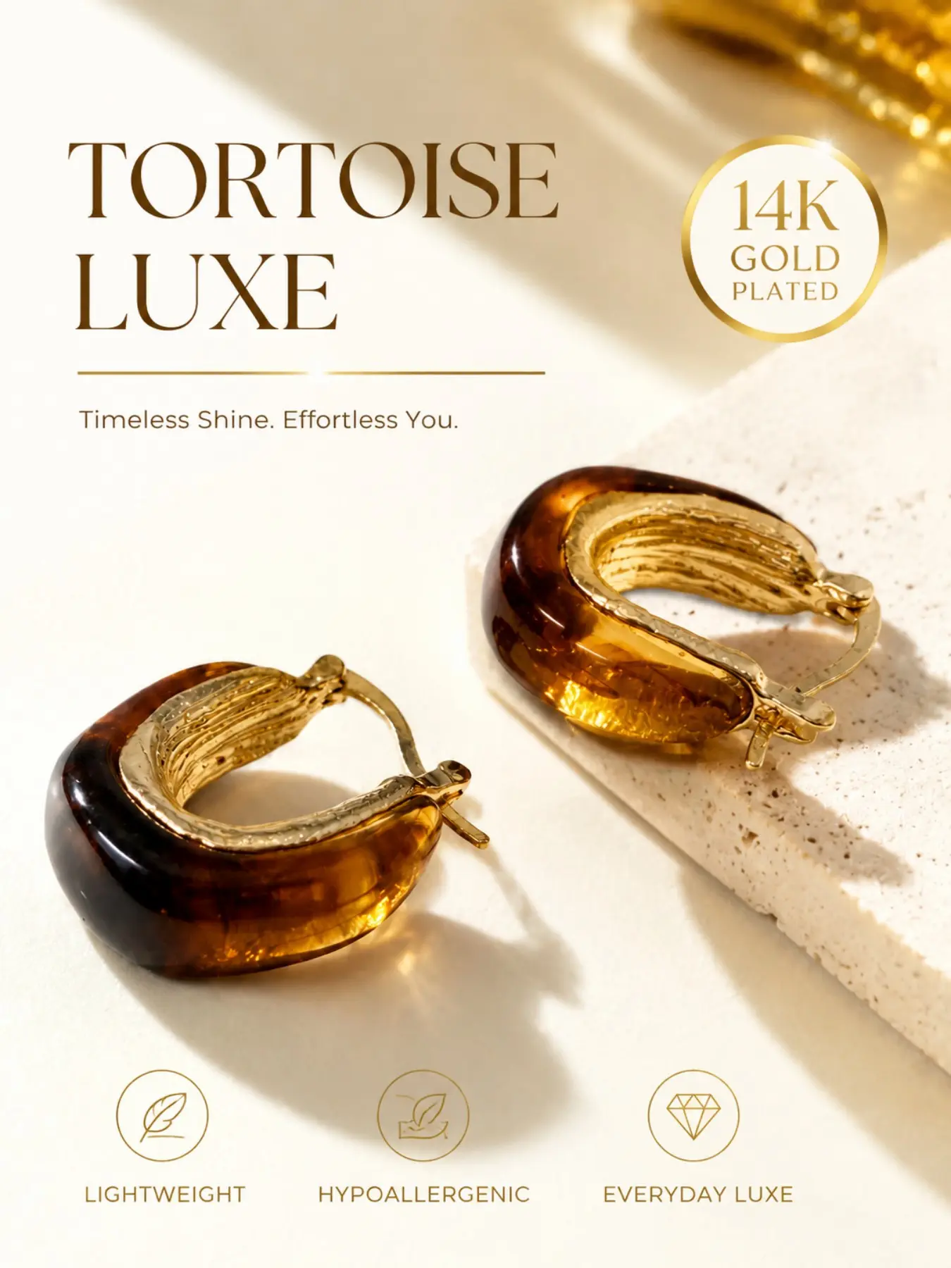 Vintage Tortoiseshell Ring Earrings, 14k Gold Plated U-Shaped Resin Clip, Hypoallergenic Luxury Small Ear Cuffs, Elegant Jewelry for All Occasions