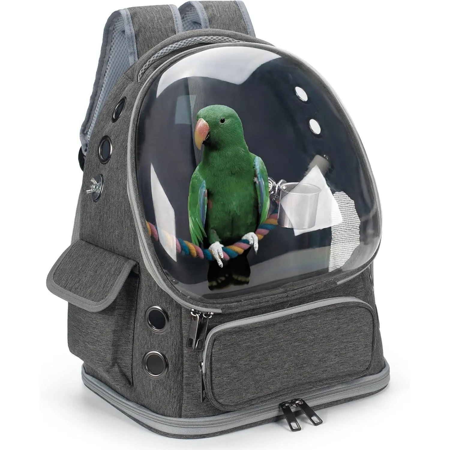 Backpack Carrier Travel Bird Cage with Perch Tray Breathable Clear Window for Cockatiel Caique Conure Quaker, for Vetting Camping Hiking Grey