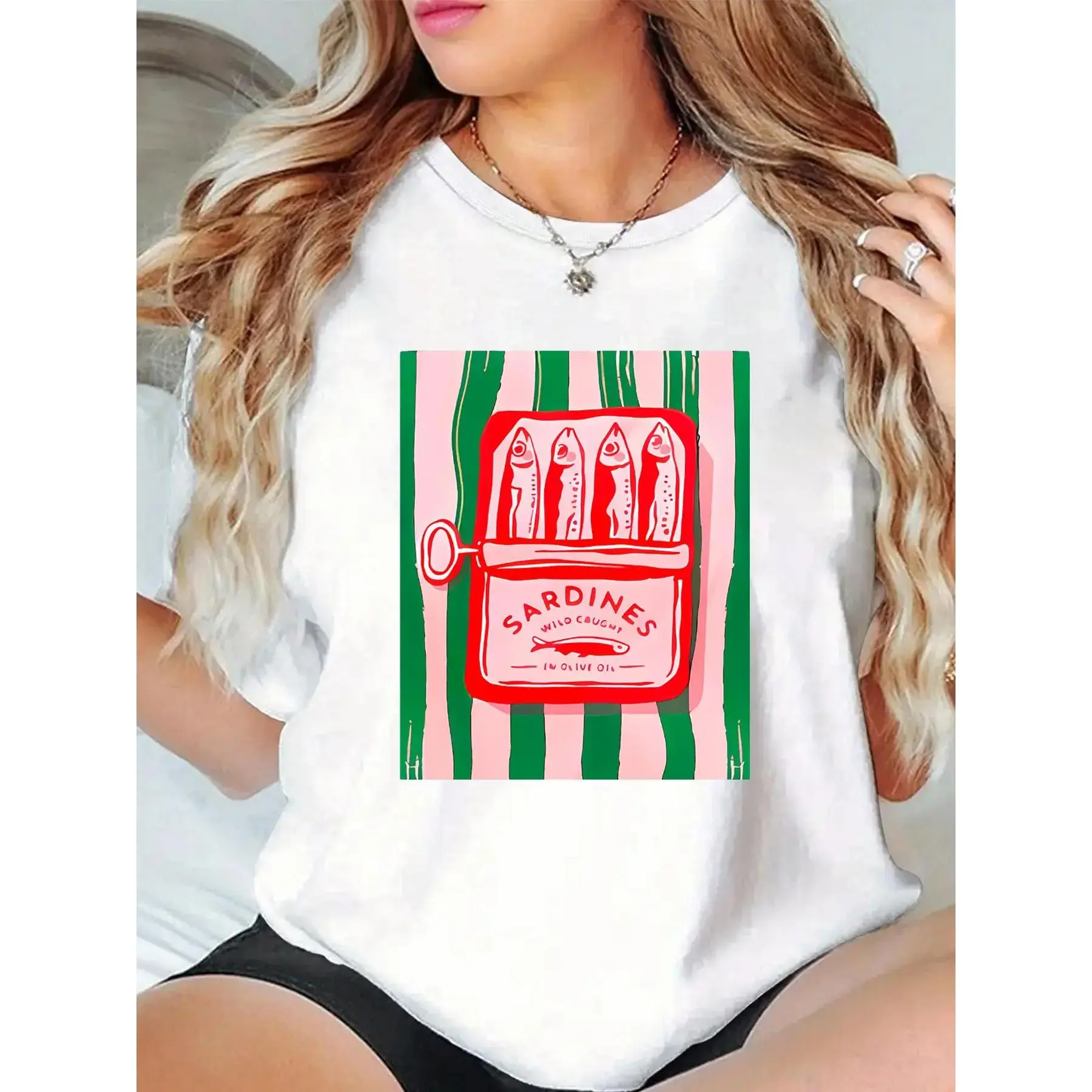 Women's Fish Motif Round Neck Short Sleeve Top - Casual Wear Multi-Size Sports Tee for Summer Daily Use