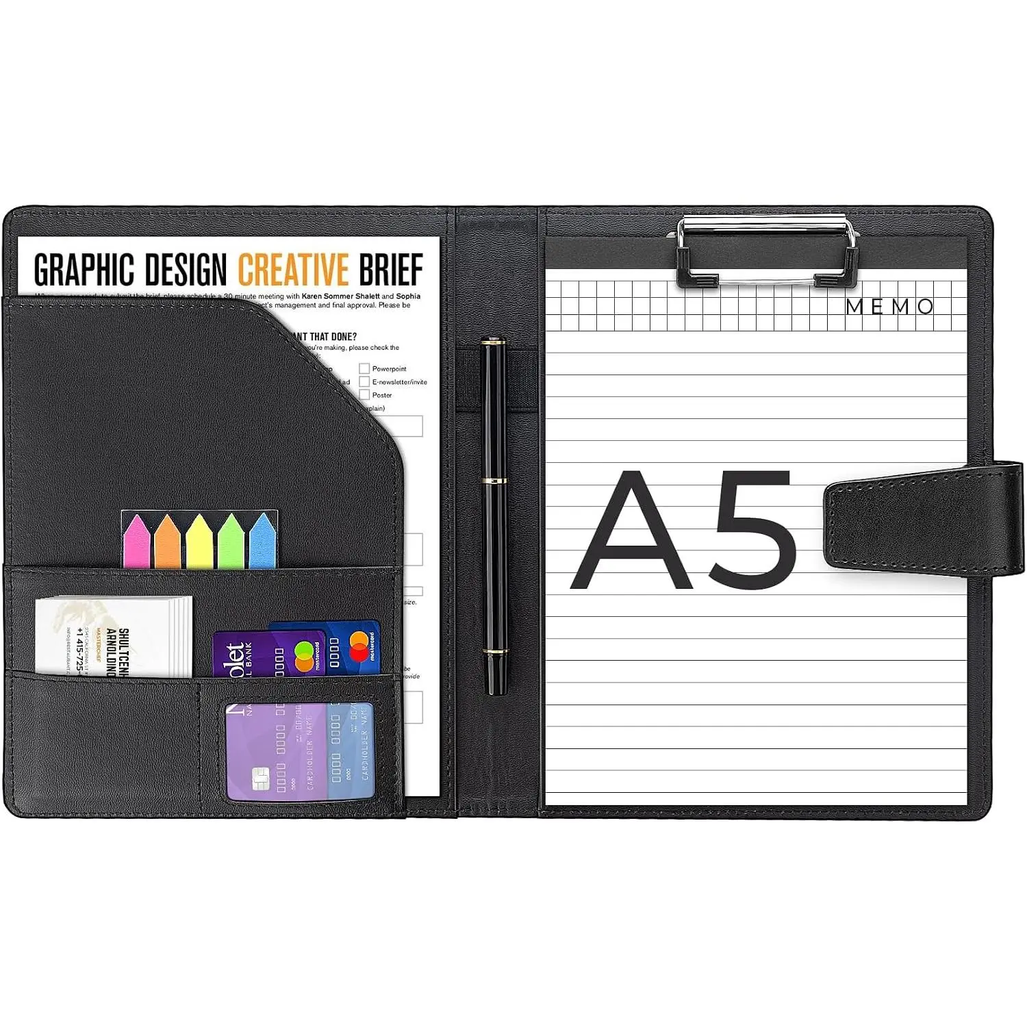 A5 Leather Portfolio Binder, Interview Legal Document Organizer with  Closure Cover with A5 Sized Papers,Sticky Tabs,Pen,Mini Document Organizer Folder for Men Women,Black