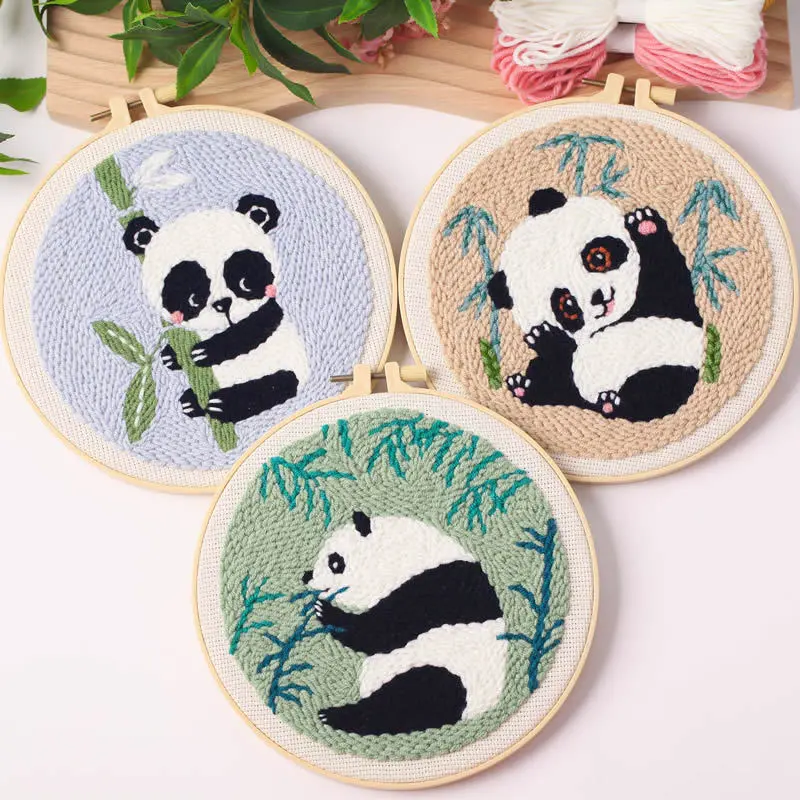 Cute Panda Punch Needle Embroidery DIY Kit (3PCS) - Handmade Rug Hooking Set With Embroidery Hoop, Fabric, Instructions For Beginners