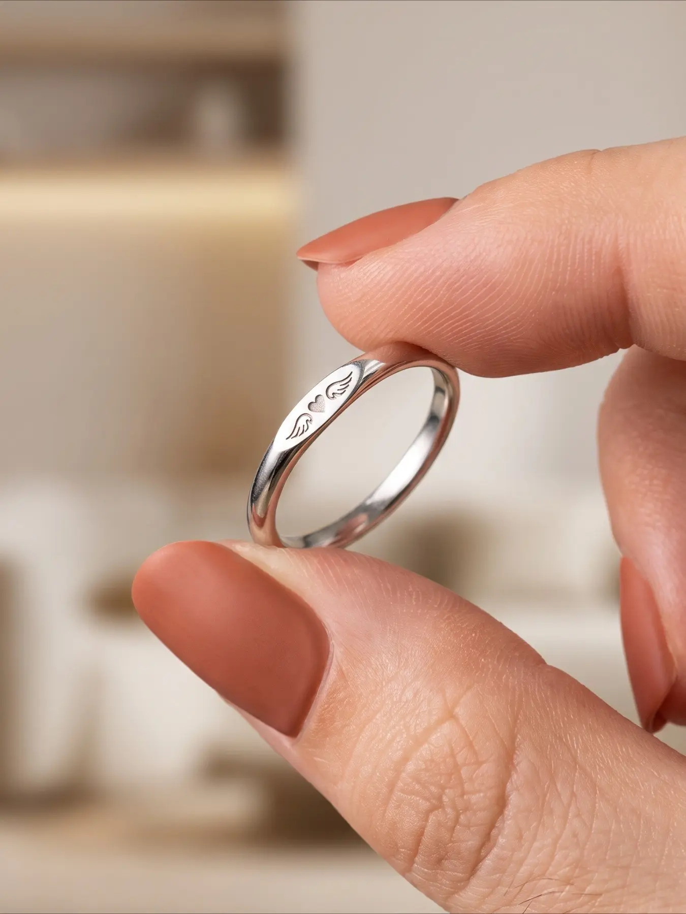 1Pc Silver Thin Band Memorial Ring Engraved Heart and Angel Wings Sympathy Remembrance Jewelry Suitable for Daily Wear Memory Gift for Women.
