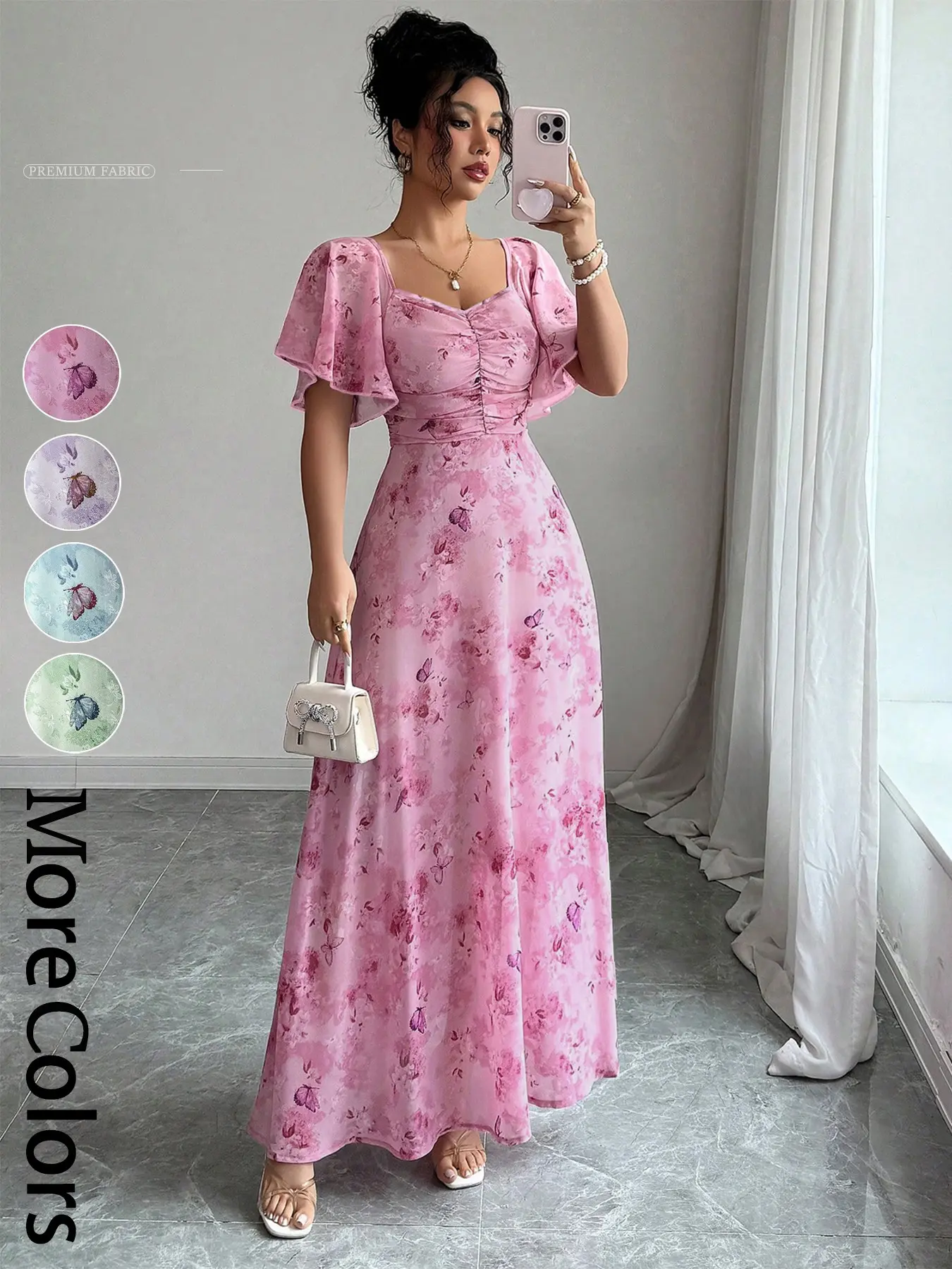 Women's Floral & Butterfly Print Chiffon Dress, Ruched Detail, High-Waisted A-Line Dress with Butterfly Sleeve, French Chic Style Summer Wear, Casual Elegant Dress for Engagement & Dates