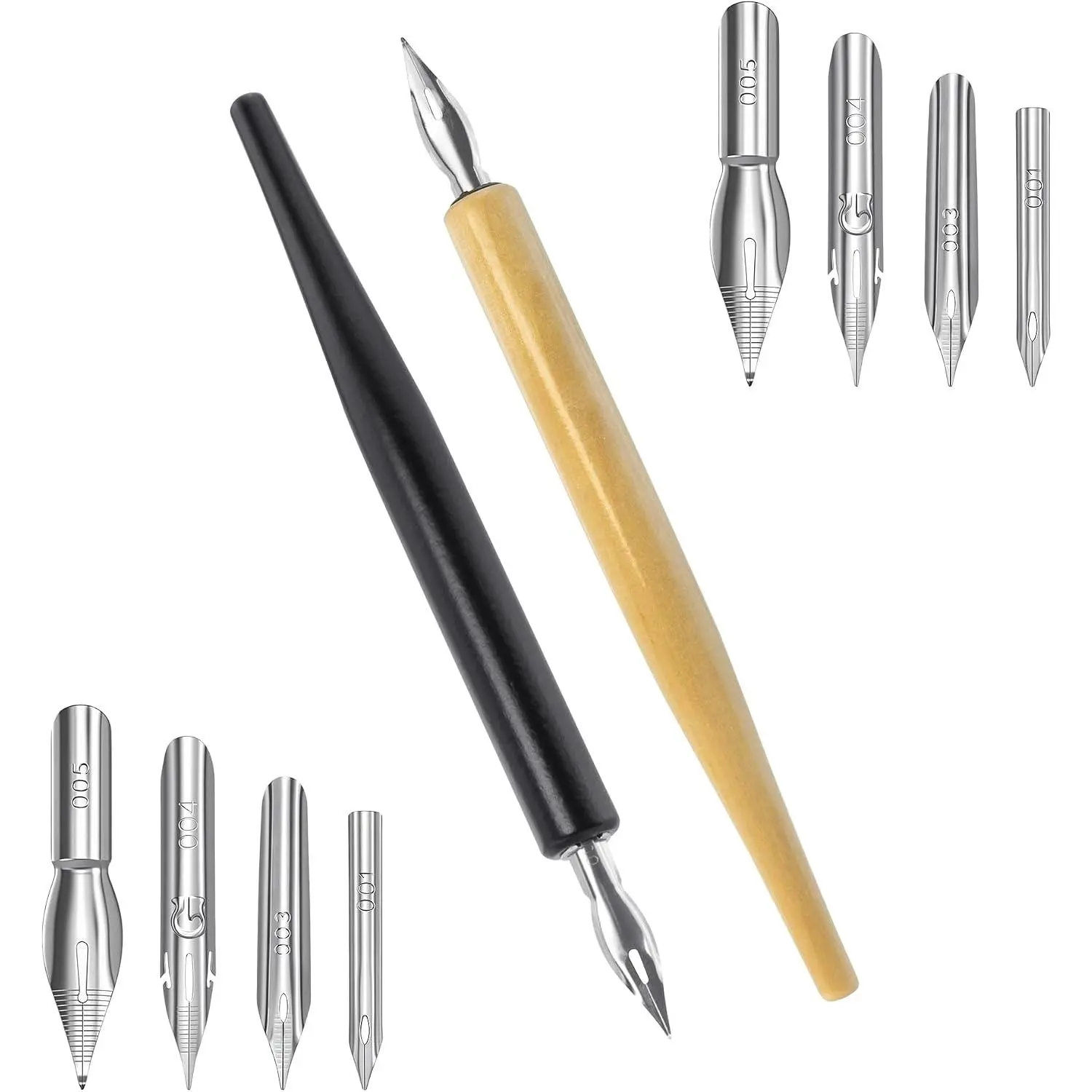 Comic Dip Pen Set Pack, 2 Pen Holders with 1 Wooden Calligraphy Holder, 10 Multiple Stainless Steel Nibs in 5 Different Styles for Writing, Painting, Wooden Holder