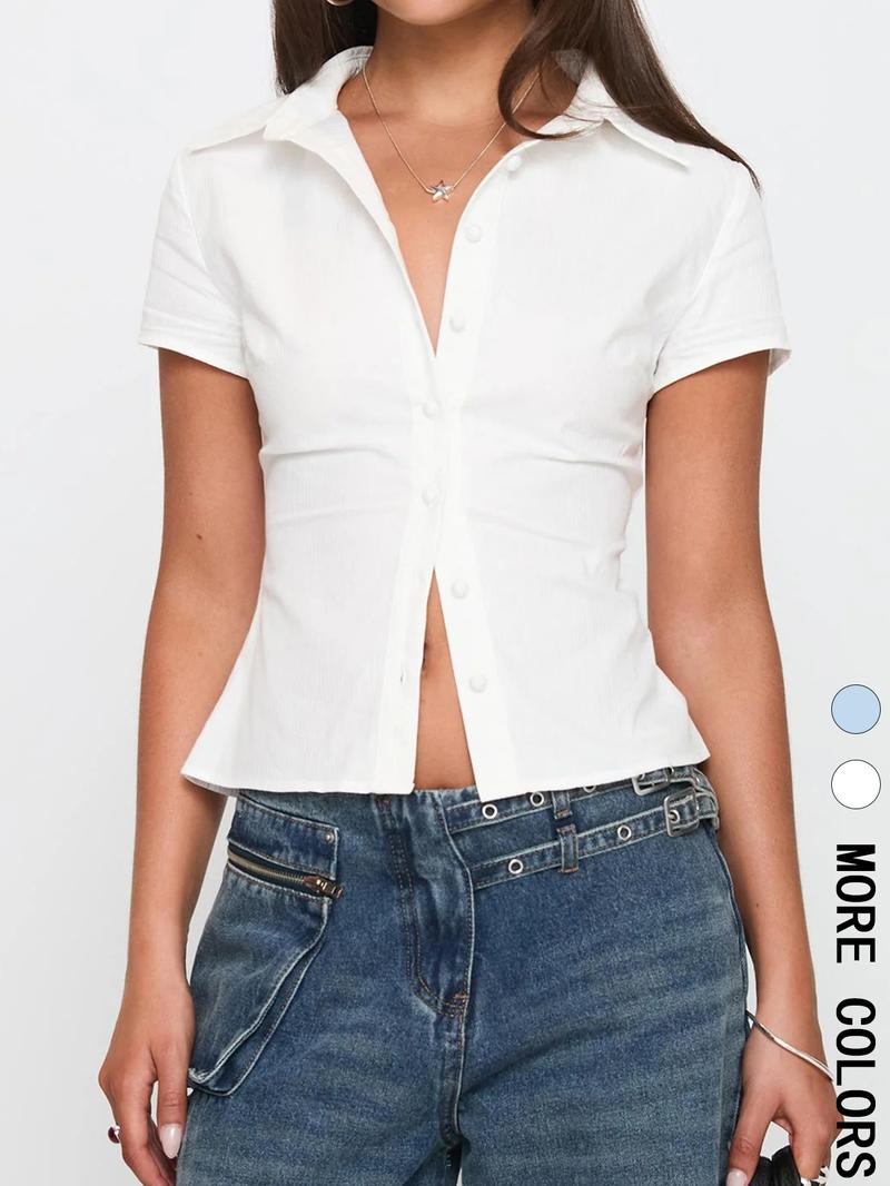 Women's Button Collared Shirt, Casual Slim-fitting Short Sleeve Top, Ladies Clothes for Daily Wear, Womenswear Casual Classy Top, Casual Comfy Shirt