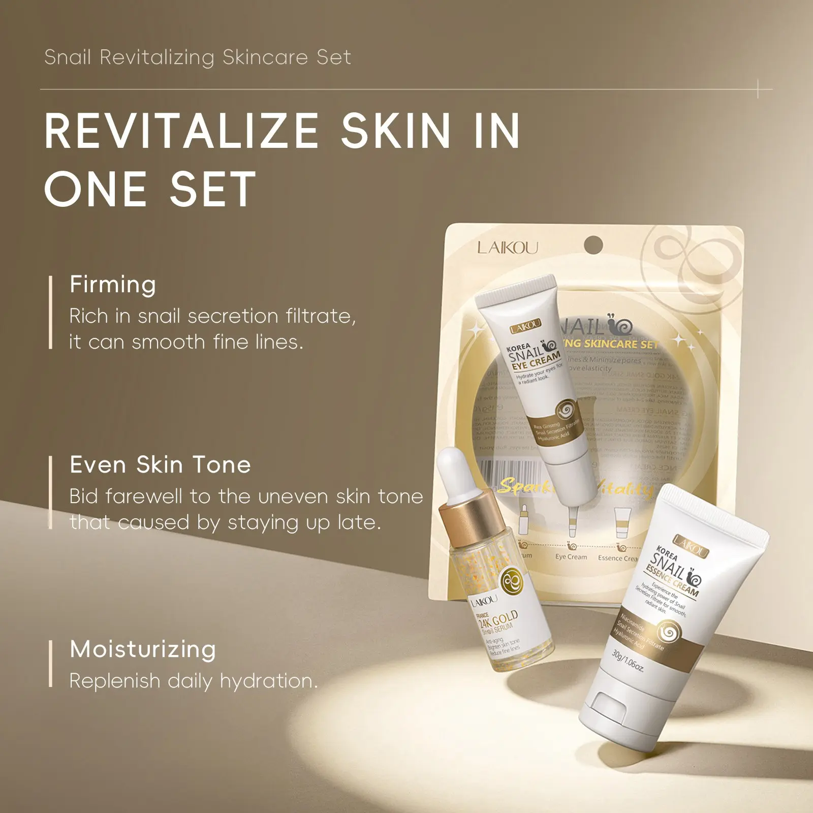 Snail Revitalizing Skincare Set, Snail Mucus Essence + Toner + Cream, Korean Glass Skin Routine, Firming, Anti-Wrinkle, Deep Hydration