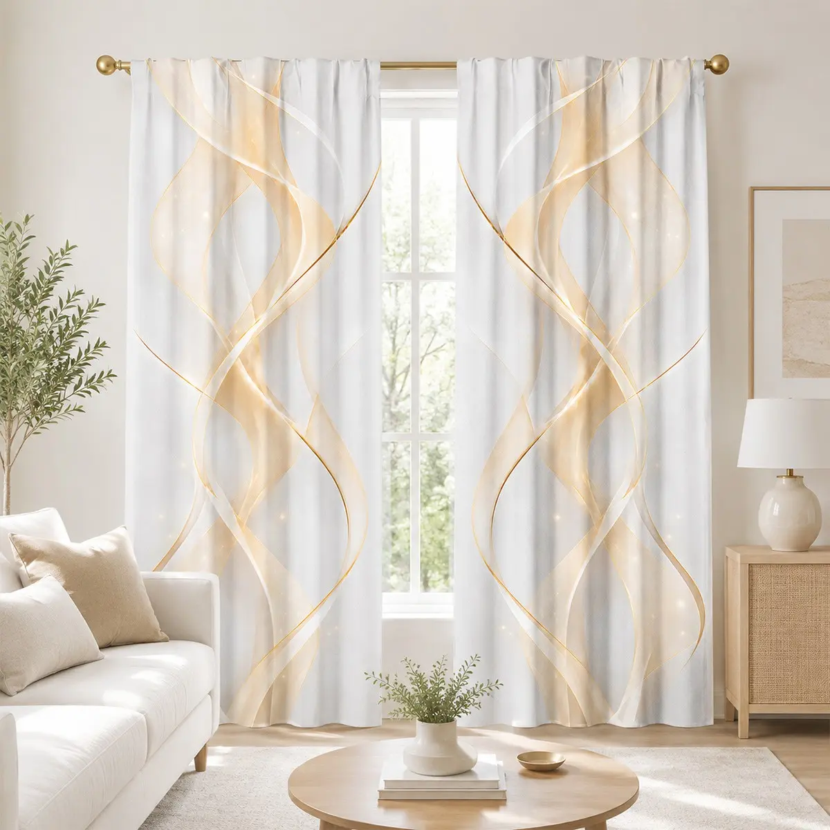 2pcs  white semi-blackout curtain with shimmering gold wavy pattern, modern and luxurious living room and bedroom fabric curtain, made of polyester, suitable for bedrooms, kitchens, studies, cafes, etc., Window Curtain