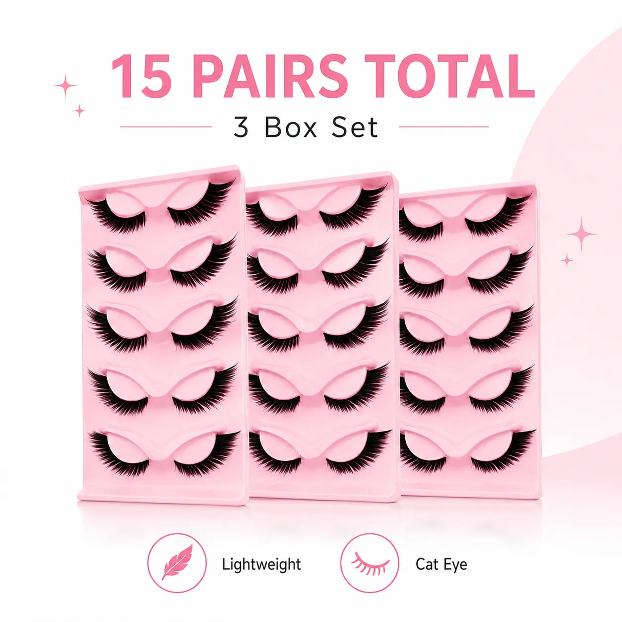 False Eyelashes, 3 Packs of 15 Pairs Long Cat Eye Wispy Elongated Thick Dramatic Reusable Strip Lashes for Sultry Glamorous Eye Makeup, Clear Lightweight Cosmetic, Mother's Day Gift