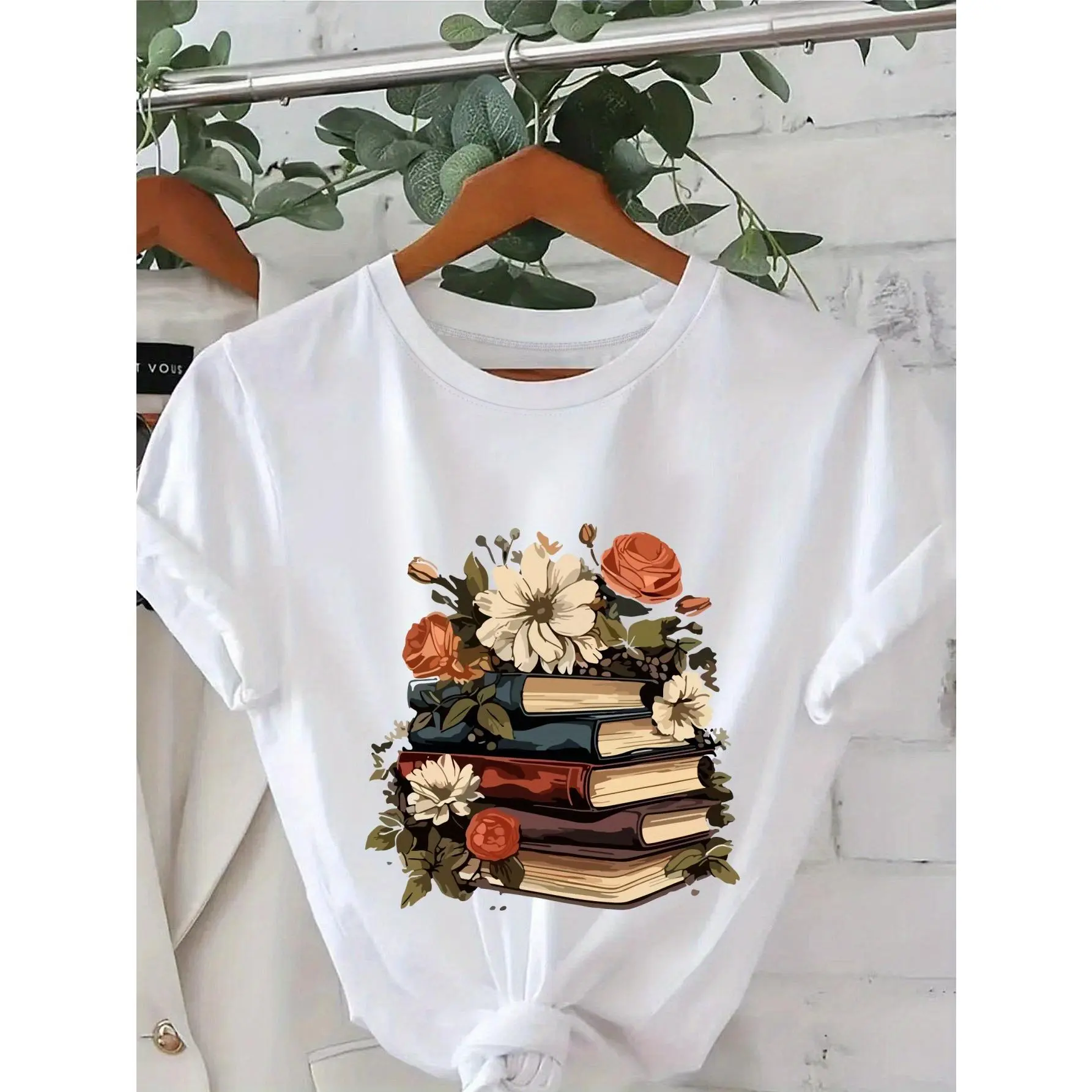 Women's Book & Floral Print T-Shirt - Mustard-Yellow Short Sleeve Casual Top with Book Stack & Daisy Design, Relaxed Fit for Teachers, Librarians & Book Lovers - Machine Washable Literary Theme Blouse