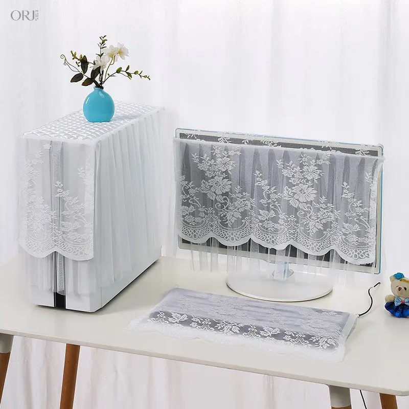 Lace Fabric Computer Dust Cover, Monitor & Host Protective Sleeve, Lace Anti‑Dust Decor Cover for Desktop All‑in‑One LCD PC Monitor