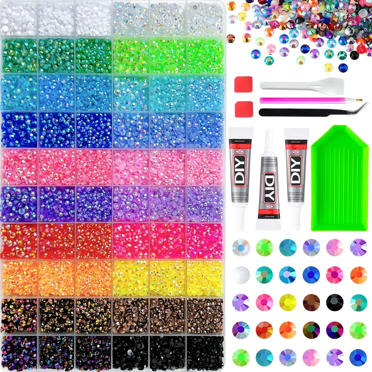 Full rainbow rhinestone kit with DIY glue 🌈，Easy DIY bling with glue & rainbow rhinestones ，60 Colors Rainbow Ab Rhinestone Set, Includes 3 DIY Glue Sticks, Tray, Pliers, Perfect for Crafts, Clothing, Cups, Shoes, Fabric, Nail Art