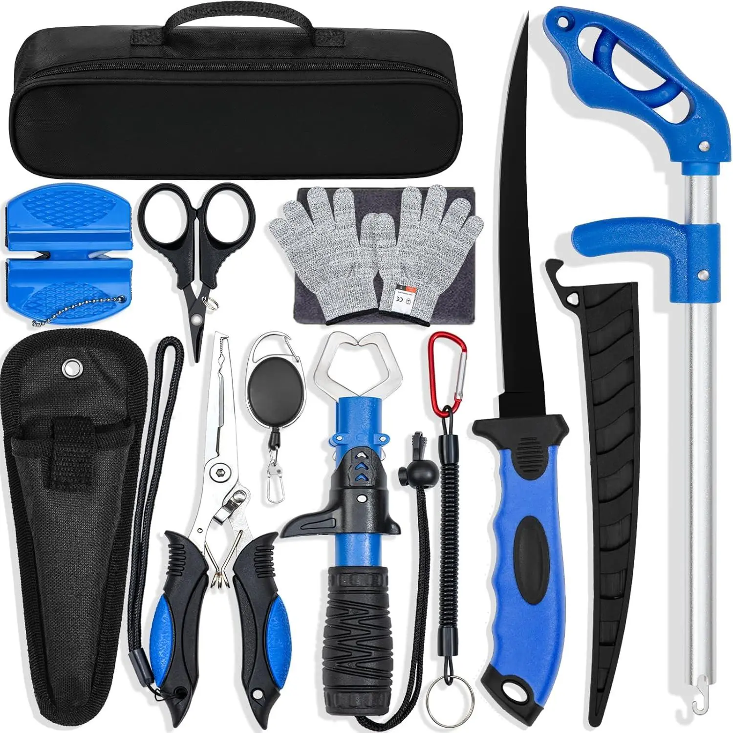 11-Piece Tool Kit with Pliers-Lanyard, Fillet Knife, Fish Lip Gripper, Fly Ice Hook Extractor, Anti-Cutting Gloves