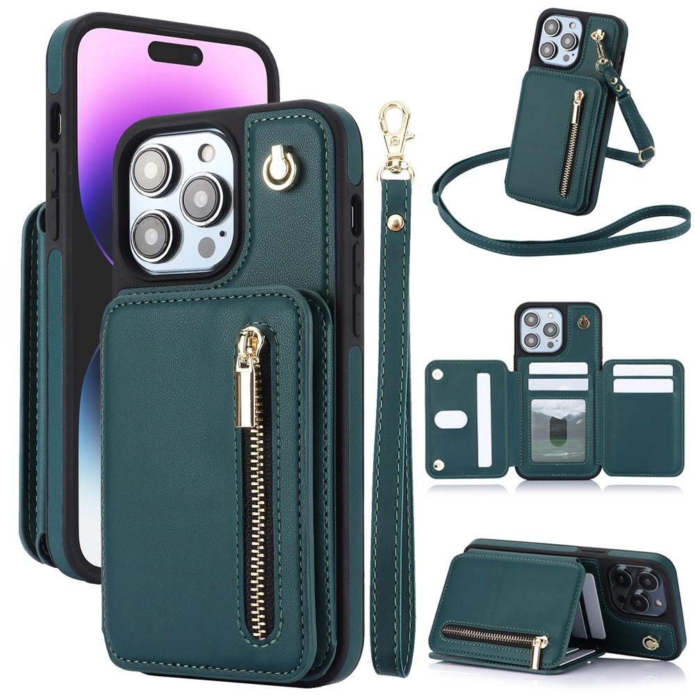for iPhone 17 Pro Max 16 15 14 13 12 11 Lanyard Leather Zipper Wallet Card Phone Case Hand Rope Cover PU Leather Flip Cover with Hand Strap, with Strap Credit Card Slots Crossbody with Zipper
