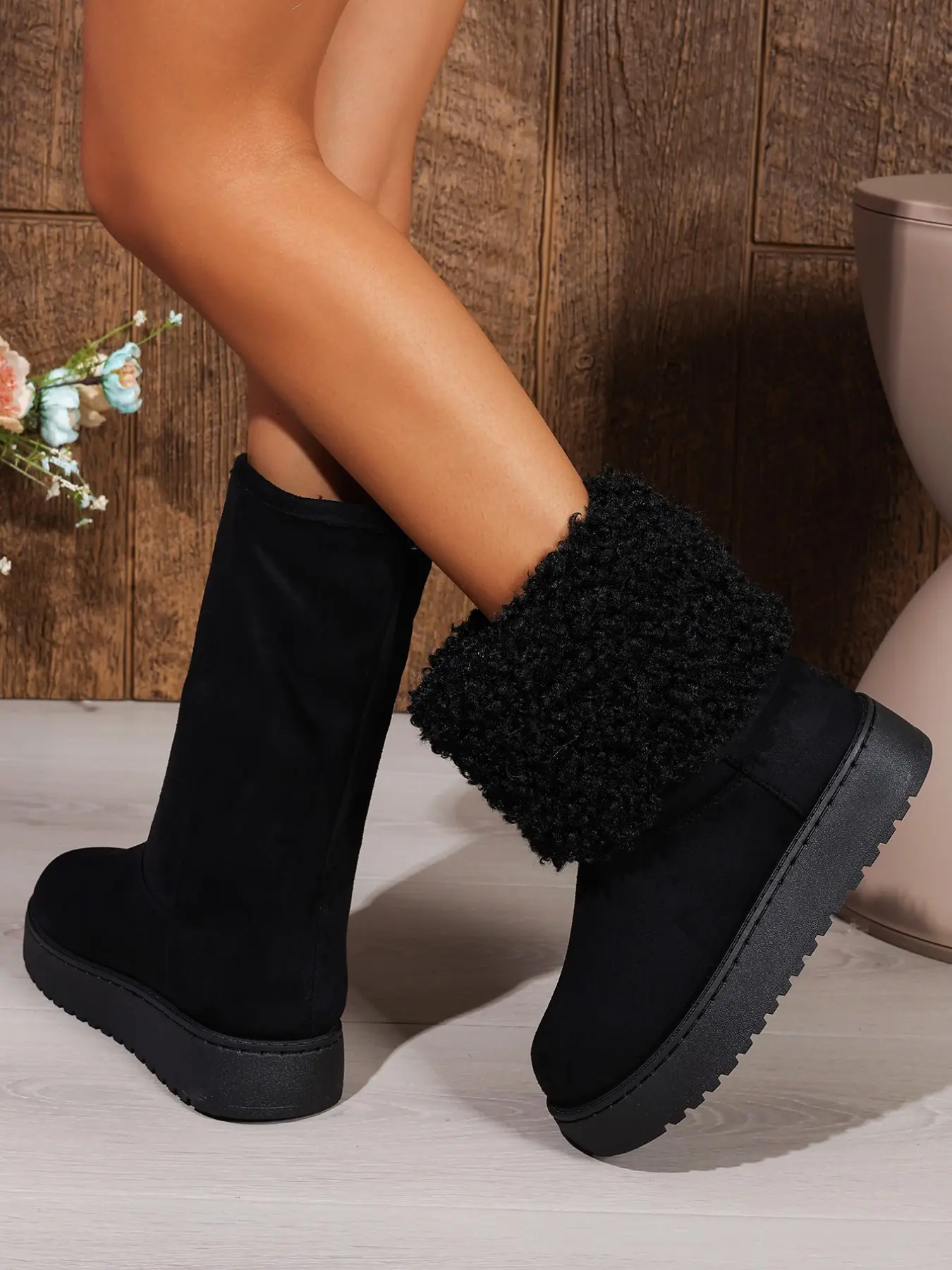 Women's Reversible Snow Boots, Thick Sole Mid-Calf Winter Booties, Warm Fuzzy Lining, Casual Daily Wear, Outdoor Cold Weather Shoes