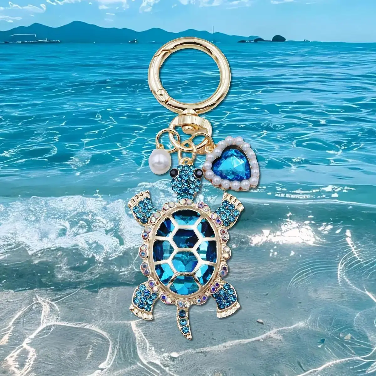 Women's Cutecore Coastal Turtle Keychain Jewelry - Kawaii Animal Accessory with Pearl Hearts Charm, Bag Chains, Mini Gifts for Women, Summer Beach Outfit Accent, Bag Charms For Purse, Accessories For Women, Kawaii Accessories