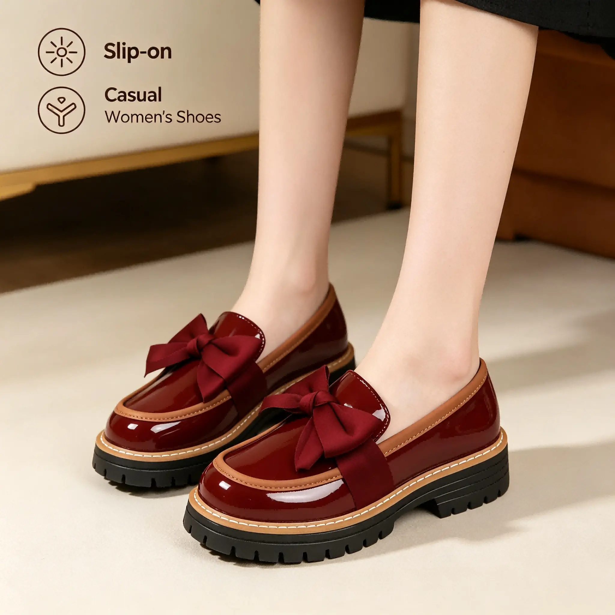 Women Bowknot Design Loafers, Affordable PU Leather Flat Walking Shoes, Spring & Fall Casual Plain Pattern Below Ankle Height PVC Sole