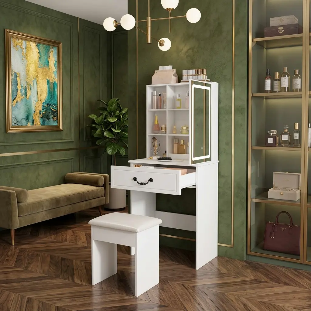 23.62in White Compact Lighted Adjustable Makeup Vanity Set with 3-Color Dimmable LED-Lit Mirror, Hidden Dustproof Multi-Tier Shelves, Matching Padded Stool - Space-Saving Dressing Table for Apartment Bedroom, Girls’ Gift for Vanity & Makeup Organization,