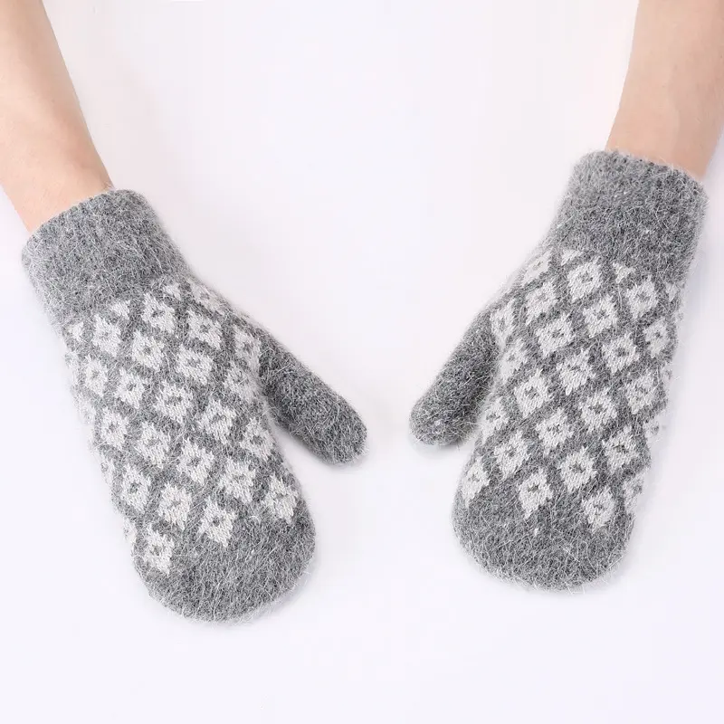 Women's Winter Plush Knit Full Finger Mittens - Vintage Rhombus Jacquard, 24cm, Mittens Shape, Windproof Elastic Cuffs, Thick Warm Cold Weather Hand Warmers, 9 Colors for Outdoor Ski, Cycling, Windproof Cuffs