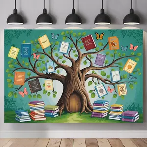 Book Tree Theme Backdrop Literary Art Style Tapestry Wall Hanging, Creative Photography Background, Premium Polyester Decorative Banner for Reading Corner, Library Decor, Event Venue, Photo Booth, Living Room Display