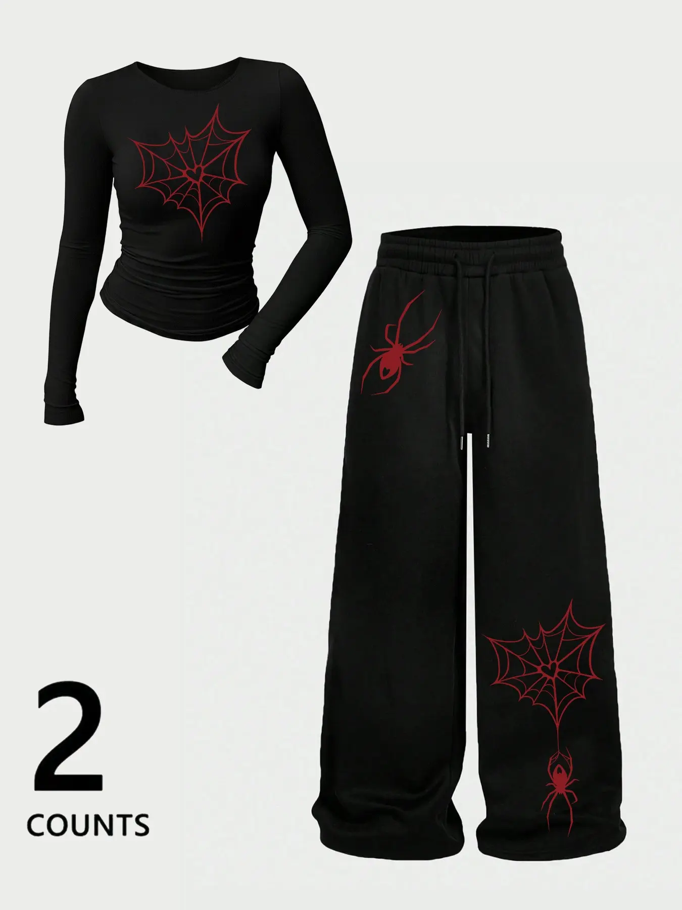Women's Tight Round Neck Long Sleeve Top + Casual Straight Leg Sport Pants Set, Spider Print, Daily Leisure, Outdoor & Home Wear