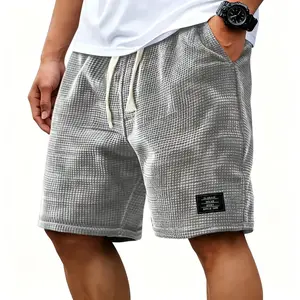 Men's Waffle Knit Sports Shorts, Casual Loose-Fit Loungewear with a Drawstring in Solid Black for Everyday Wear
