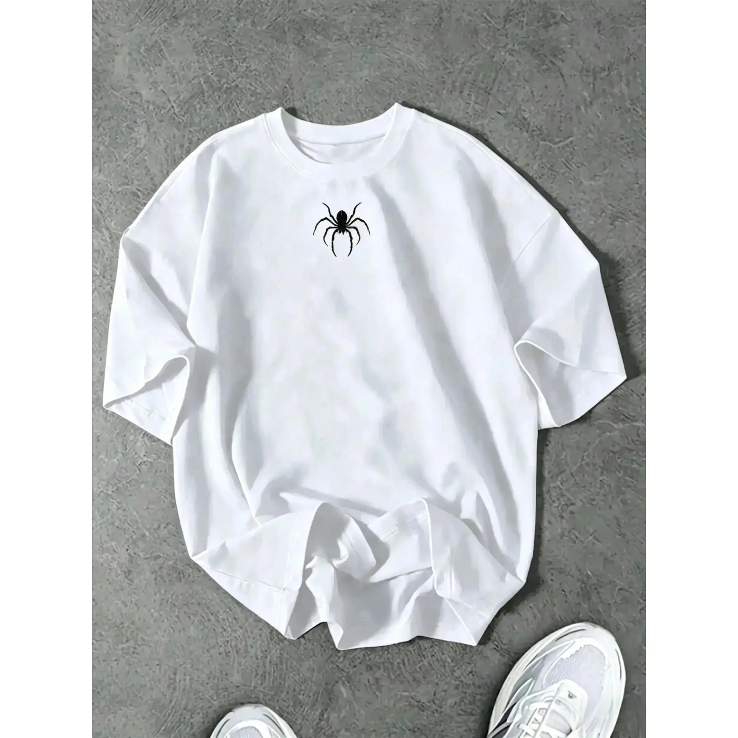 Unisex Spider Print Classic Round Neck Short Sleeve Sports Top - Soft Cotton Breathable Oversized Relaxed Fit American Streetwear Casual Daily Wear Graphic Tee