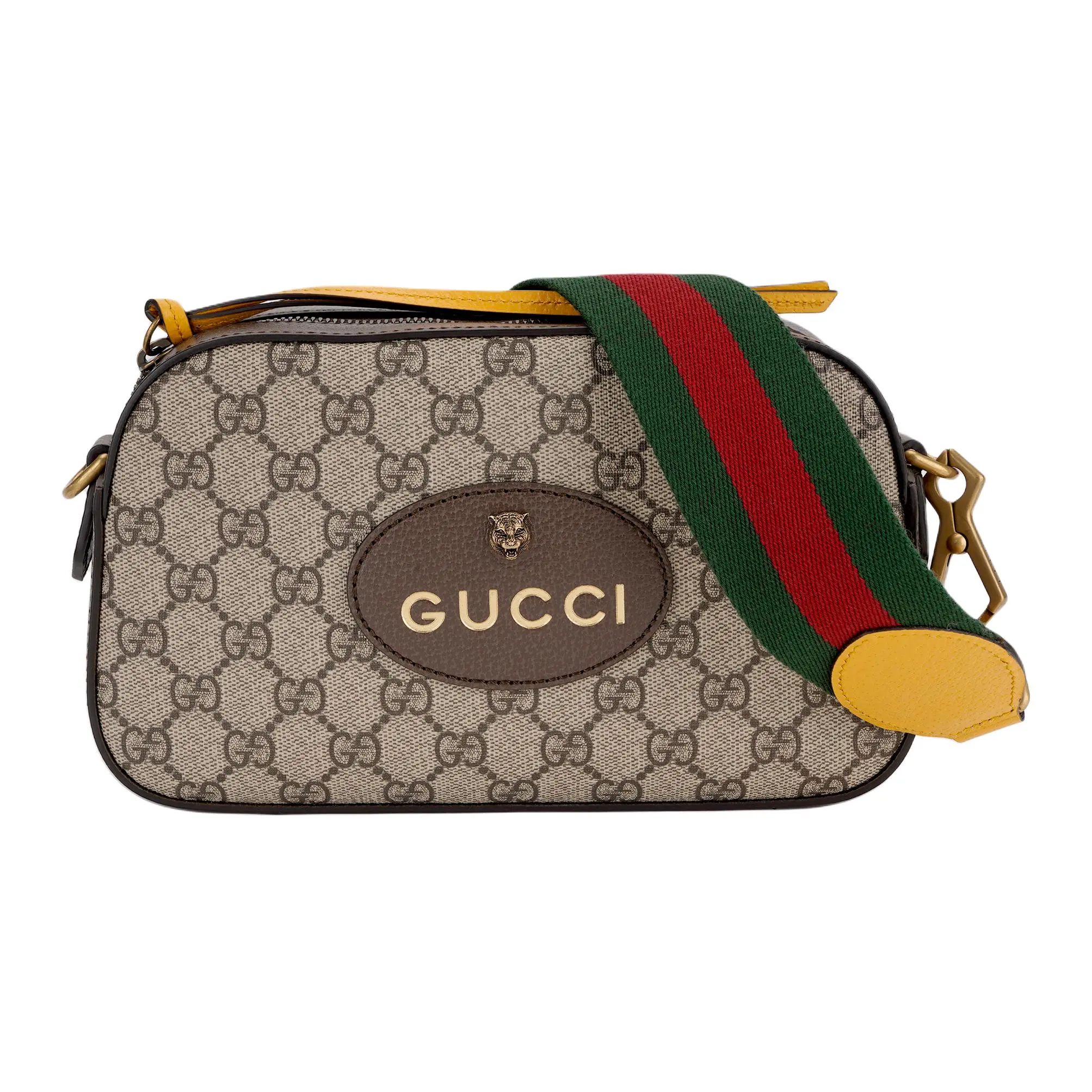 Gucci Neo Vintage Distressed Gold-Embossed Tiger Head Monogram Canvas and Leather Camera Bag for Men and Women in Ebony and Brown