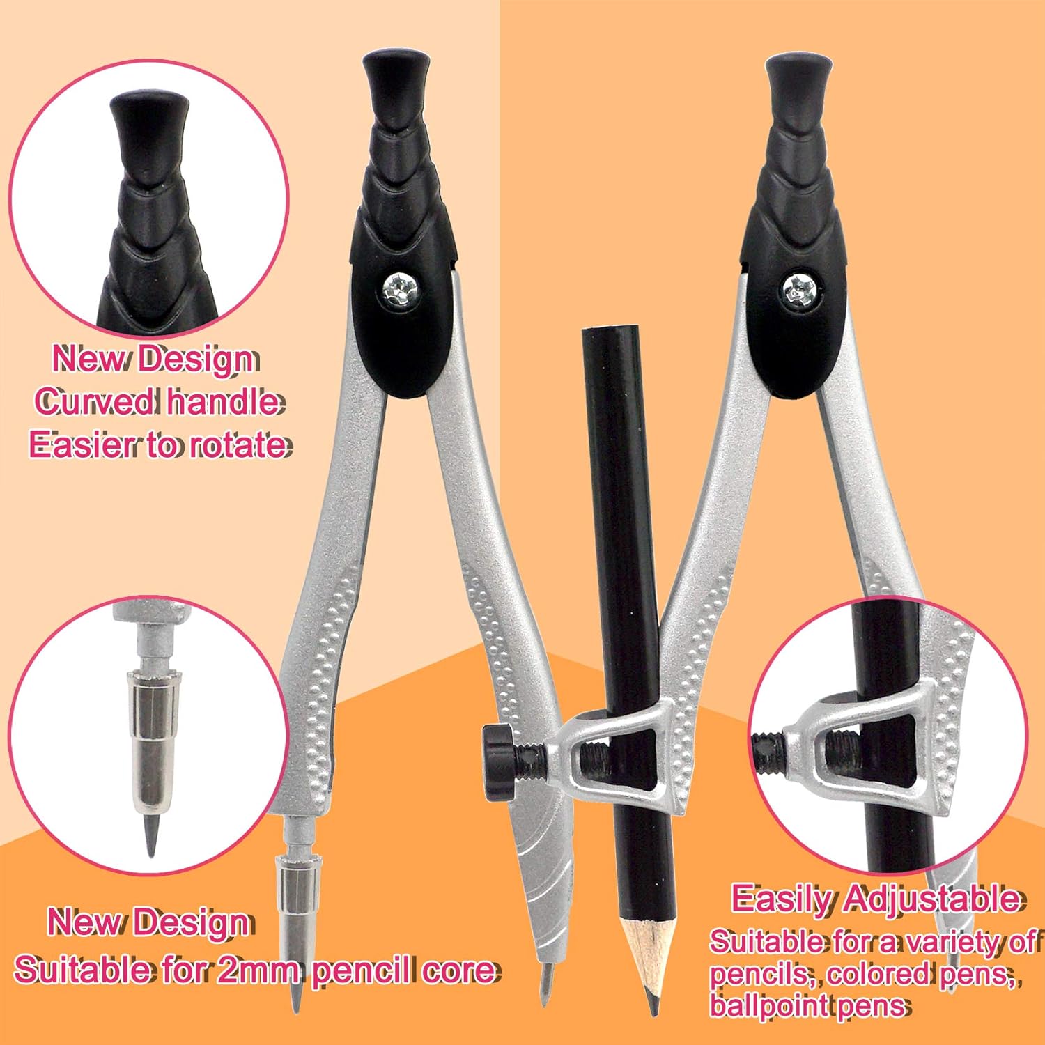 Professional Geometry Compass Set, Starter Compass Set Includes 2 Drafting Compasses, Protractor, 2 Set Squares, Ruler in Storage Box, -to-School Math Supplies for Students, Black