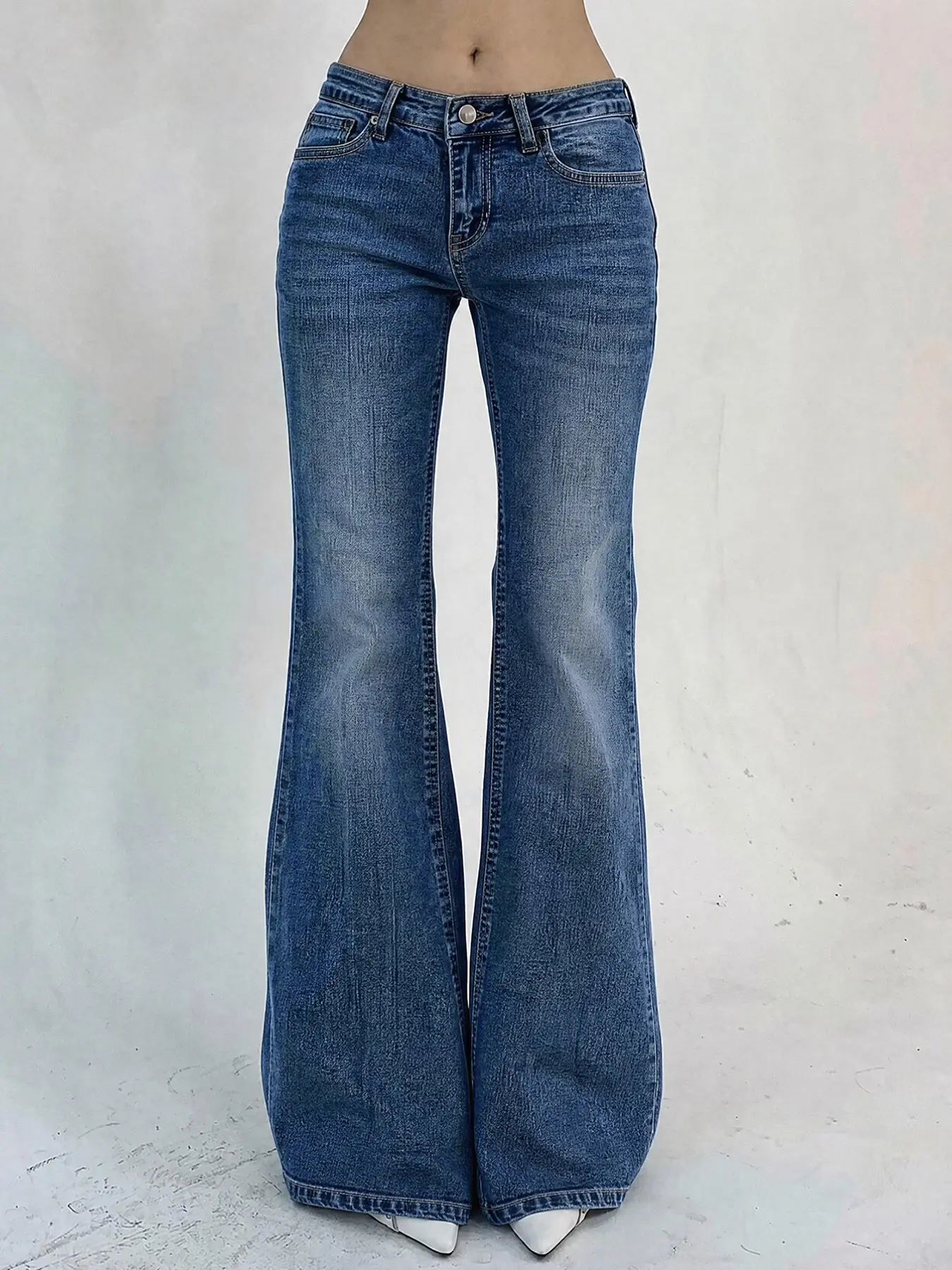 American Vintage Washed Blue Low Waist Micro Flare Jeans, High Elasticity Slim Fit, Four Seasons Versatile, Women's Long Pants