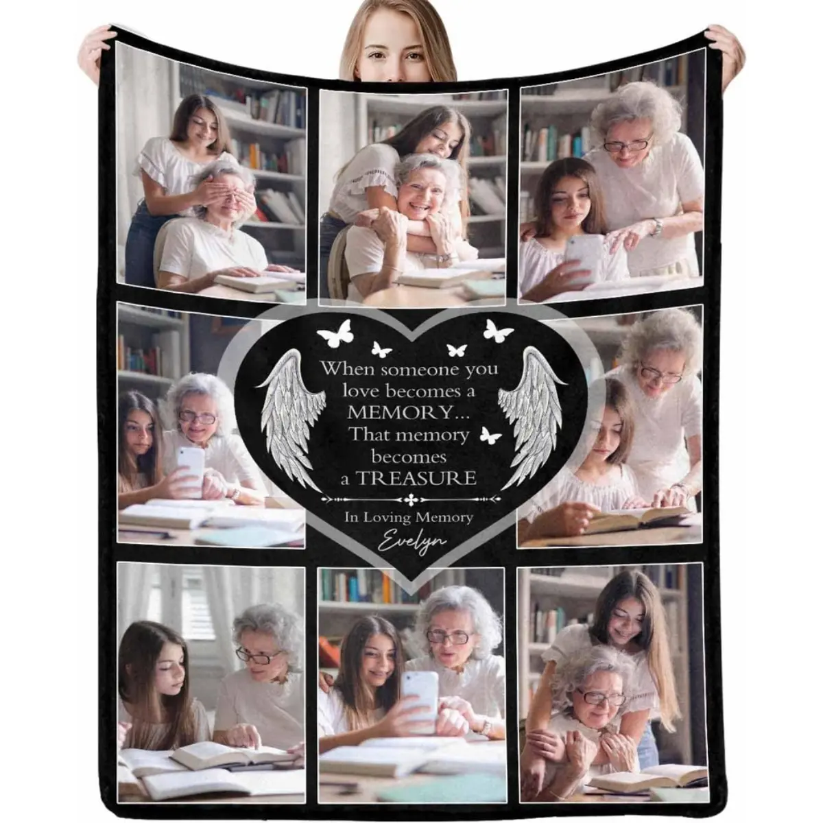 A customized memorial blanket can be printed with photos to commemorate deceased parents, a personalized memorial gift (Style 06), made of 280Gsm flannel, which is ultra-soft and warm, suitable for all seasons, and available in various sizes.