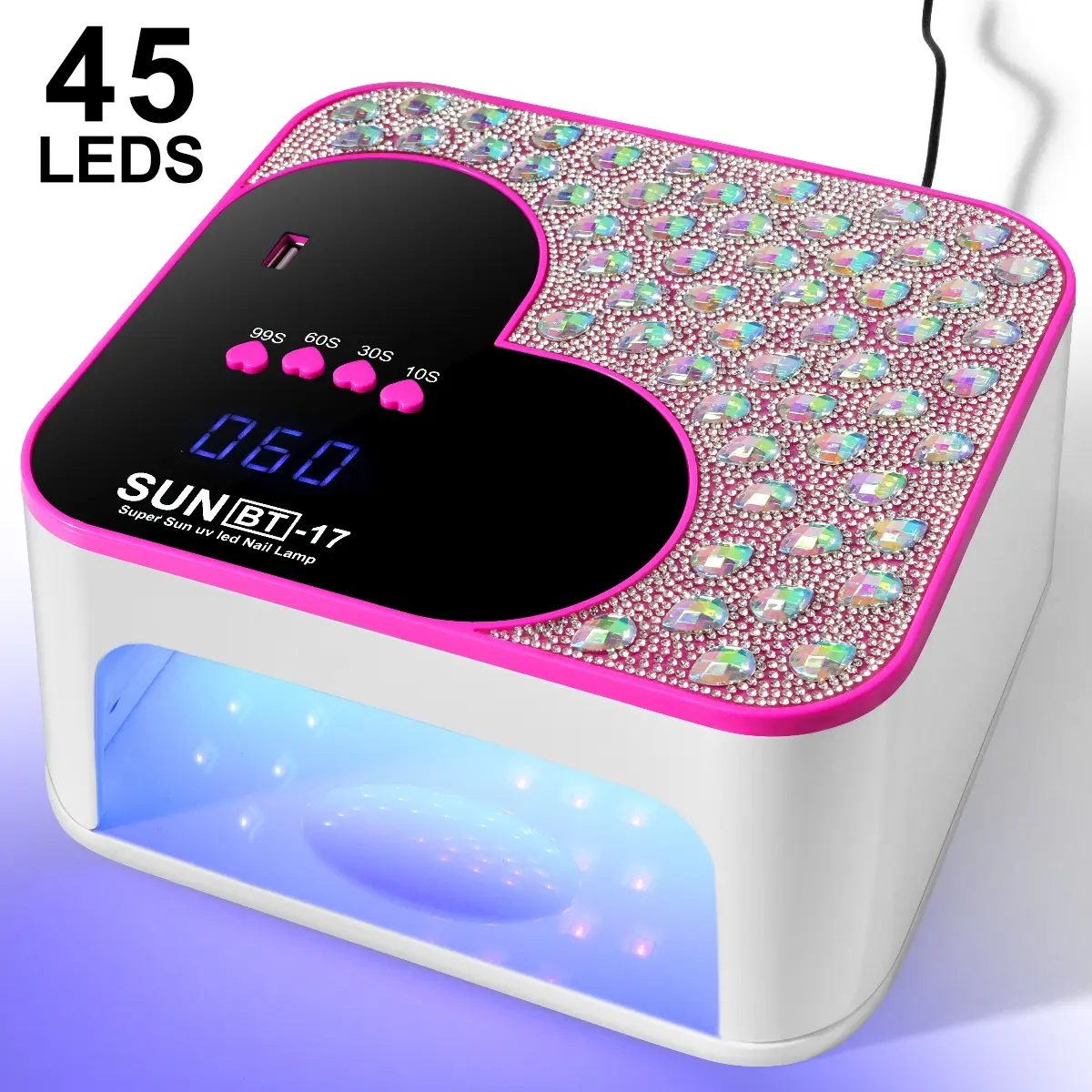 UV LED Nail Lamp with 45 LEDs & USB Nail Light, Professional Manicure 4-Timer Gel Nail Dryer with Sparkling Rhinestones, Salon Curing Lamp for Gel Nails, Ideal Gift for Thanksgiving, Valentine's Day, Birthday, Christmas (Home & Salon Use)
