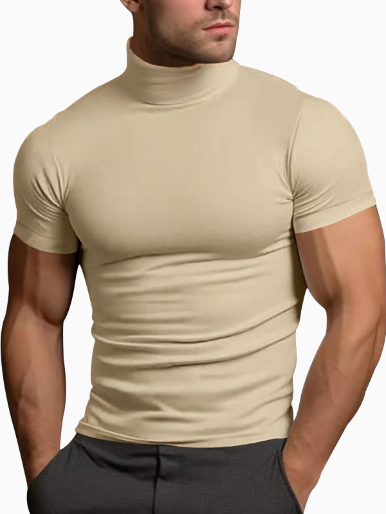 Men's Solid Color Turtleneck Tee, Casual Comfy Short Sleeve T-shirt for Summer, Men's Top for Daily Wear, Tropical, Menswear