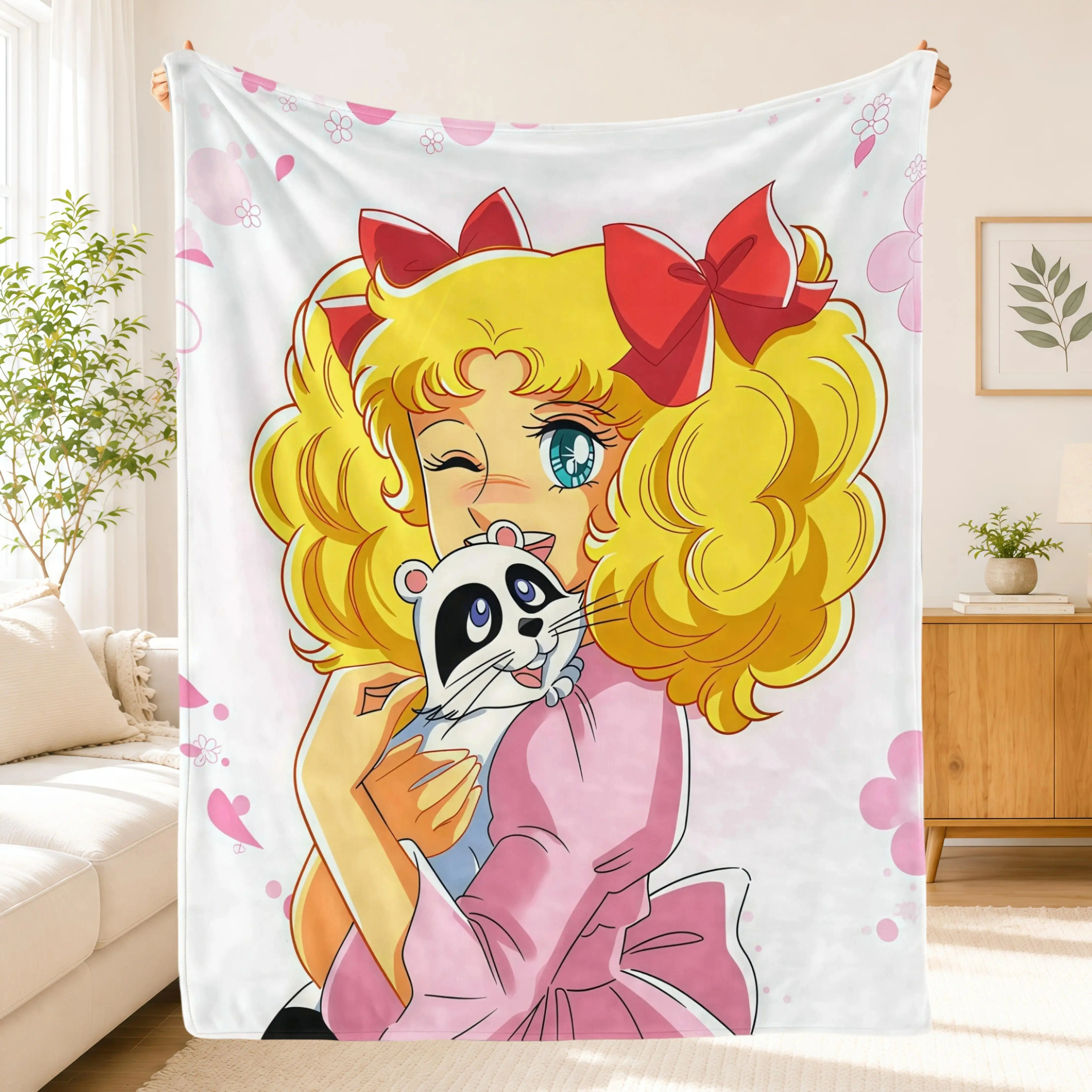 Retro Candy Girl Romantic Love Anime Characters Flannel Throw Blanket - Polyester Fabric, Soft Warmth, All-Season Decor for Bed/Couch, Aesthetic Gift for Girls, TikTok-Inspired Travel Textile
