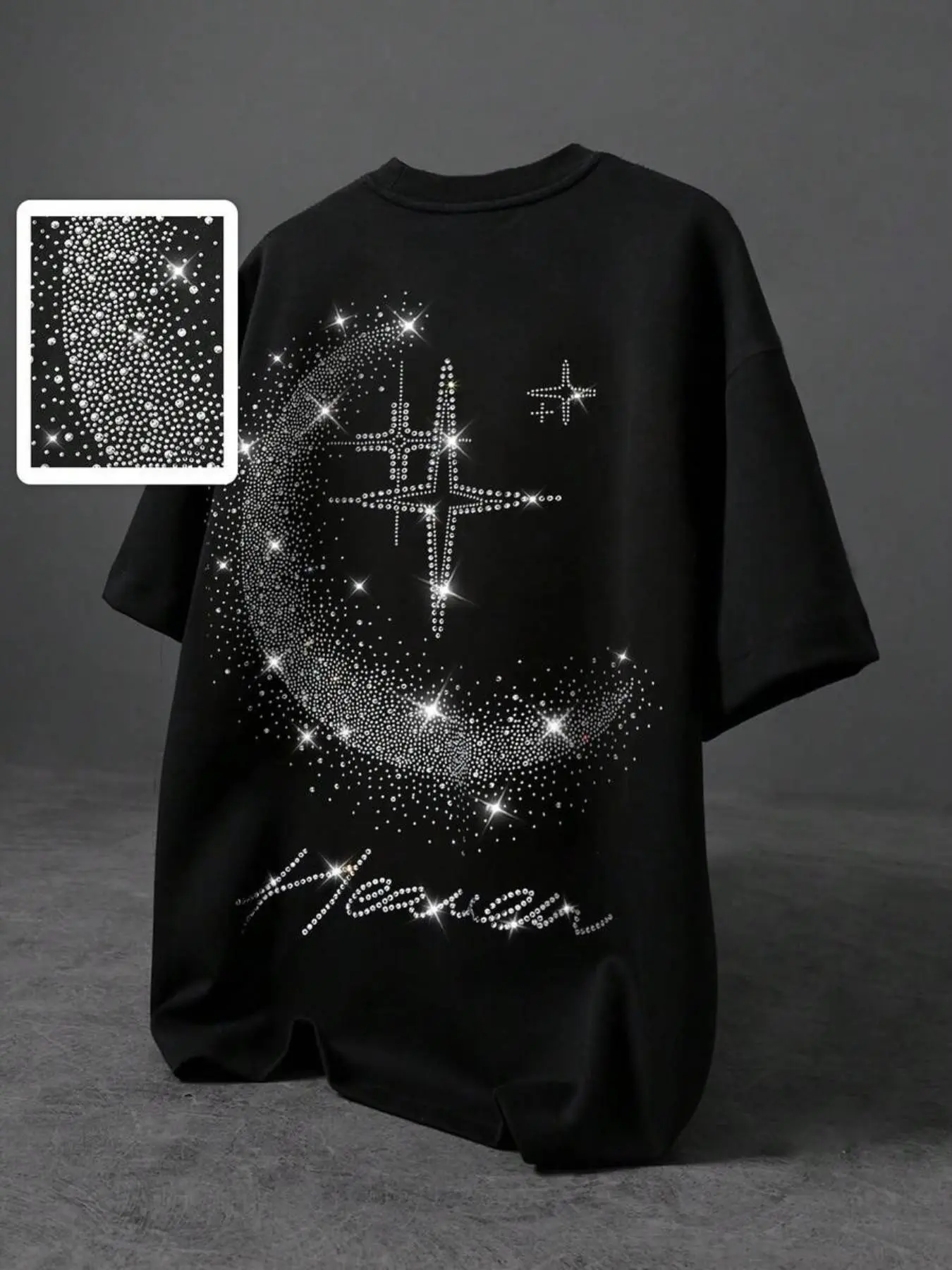 Men's Fashion Streetwear Round Neck T-Shirt, Creative Moon Starry Rhinestone Design, Glittering Comfortable Fabric, Versatile Casual Wear