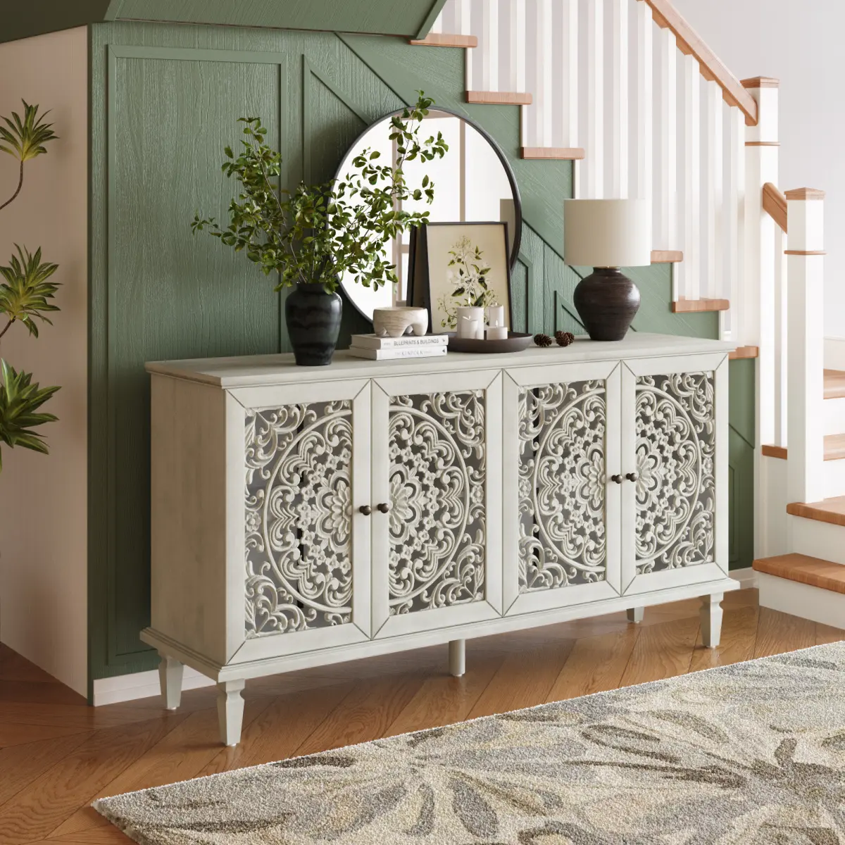 60" Antique Sideboard Buffet Cabinet with Floral Carvings with Solid Wood Legs&Antique Brass Handles&Adjustable Shelves, TV Stand for 65''+ TV, Sideboard for Living Room,Dining Room (Antique Grey White)