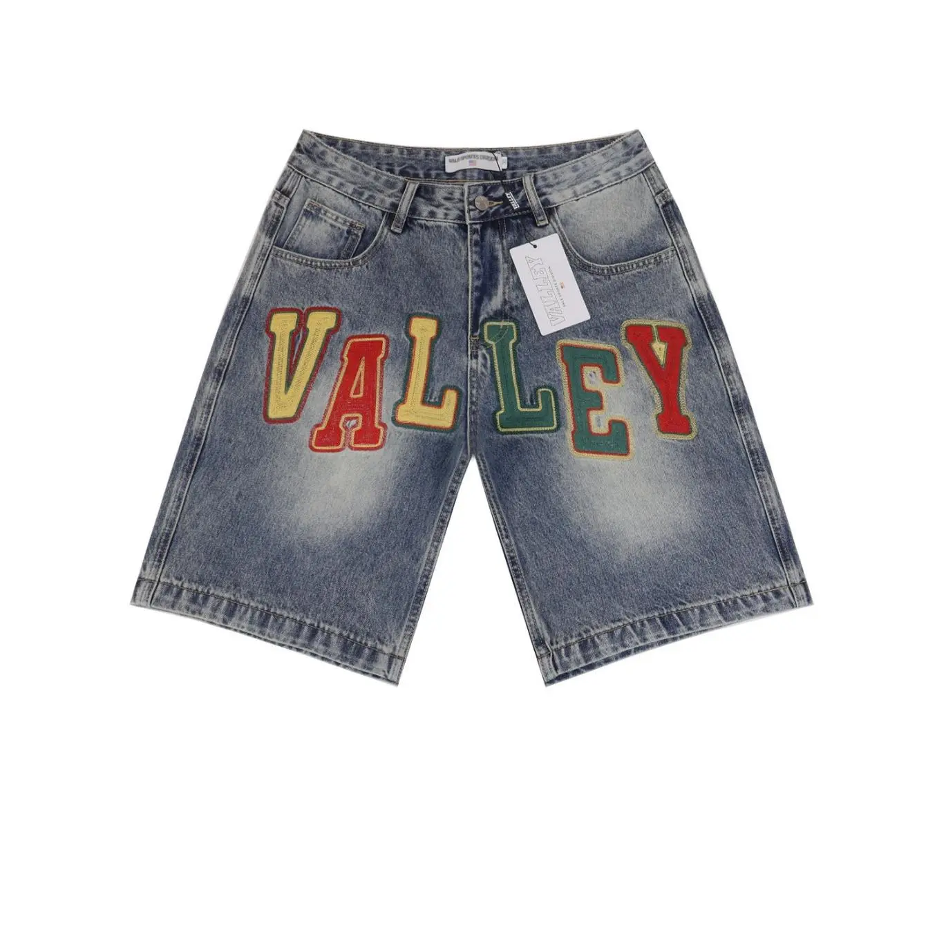 Valley Varsity Letter Patch Denim Shorts Vintage Washed Blue Jean Loose Fit Oversized Y2K Streetwear Hip Hop Baggy Jorts Bermuda Shorts Summer Men Trendy Bottom