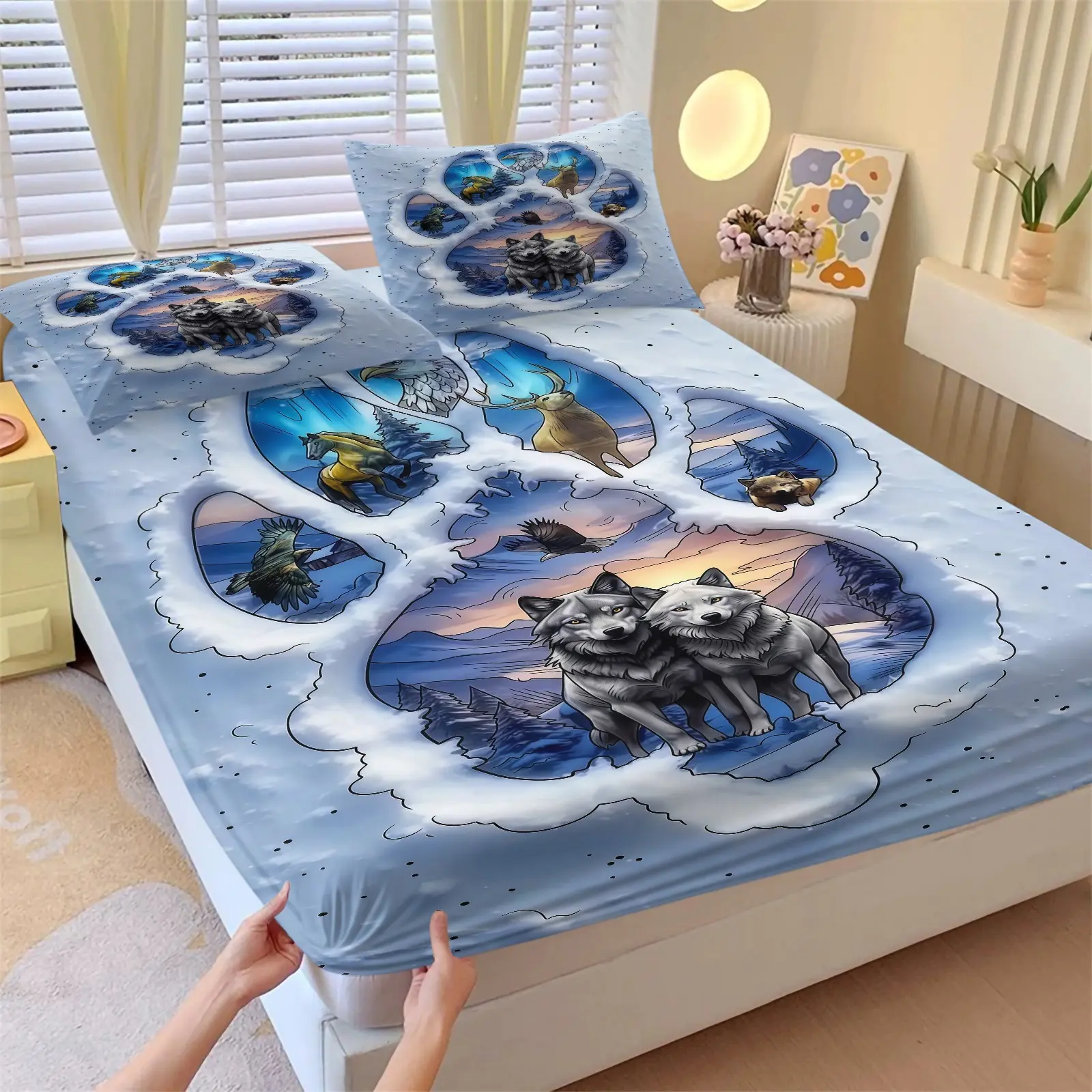 Wolf Print Pattern Bed Sheet Set, 1 Bed Sheet With 2 Pillowcases (Excluding Pillow Core), Suitable For Bedroom Decoration And Gifts For Teenagers And Adults