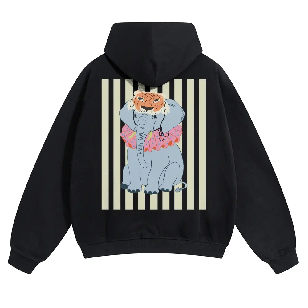 Unisex Circus stripes of an elephant wearing a tiger head mask Graphic hoodie Personalized Pattern Y2k Clothing Round Neck hoodie,Women's Clothing 100% Cotton, Menswear, Top, Vintage Style,Summer Casual Oversized