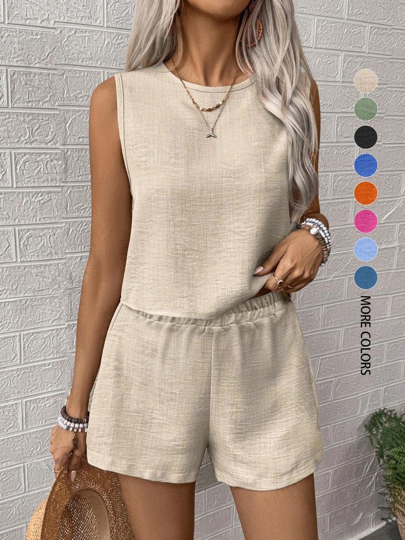 Women's Solid Color Crew Neck Tank & Shorts Two-Piece Set, Casual Short Sleeve Top & Shorts, Summer Clothes for Ladies Outdoor, Matching Clothing Set Women