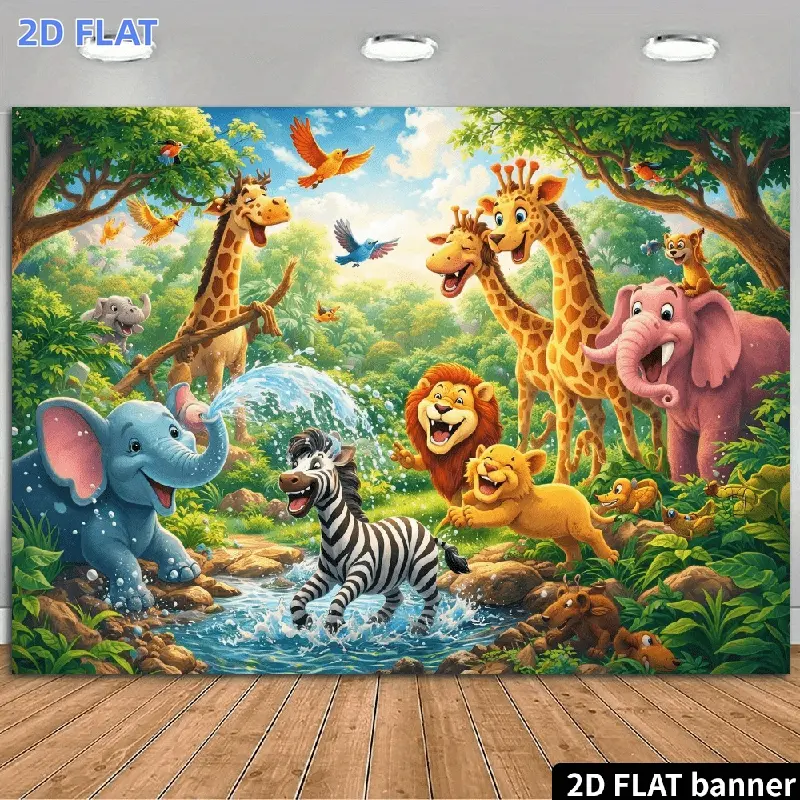 2D Flat Banner 1pc, 2D Jungle Animal Backdrop Suitable for Parties Wrinkle-Resistant with Elephants Zebras Lions Giraffes & Tropical Forest Stream Decor - Indoor/Outdoor Themed Wall Decoration for Photo Background, Photography Bac