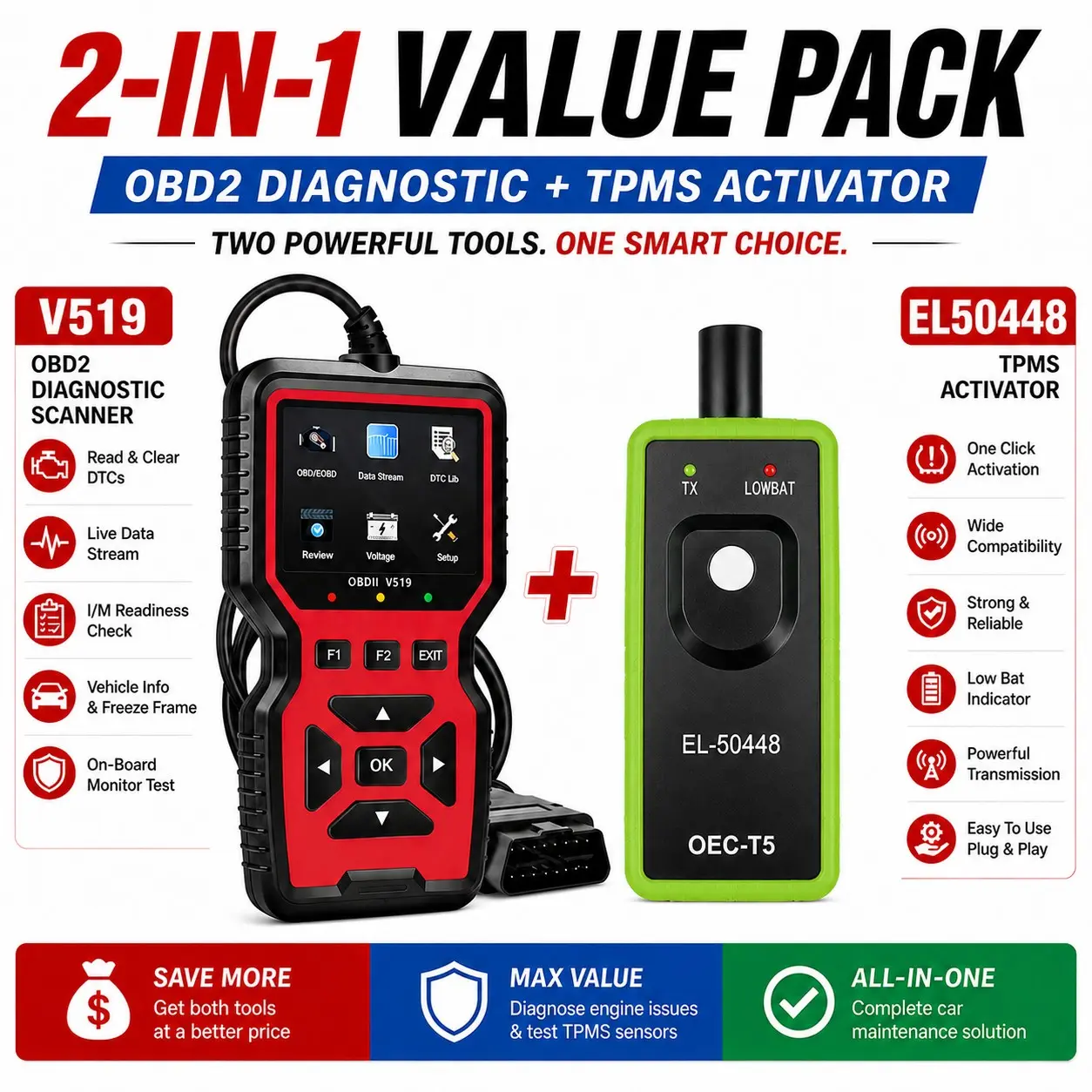 2-In-1 Car Diagnostic Kit, V519 Obd2 Engine Code Reader, El-50448 Tpms Reset Tool, Live Data Scanner for Gm Tire Sensor Relearn
