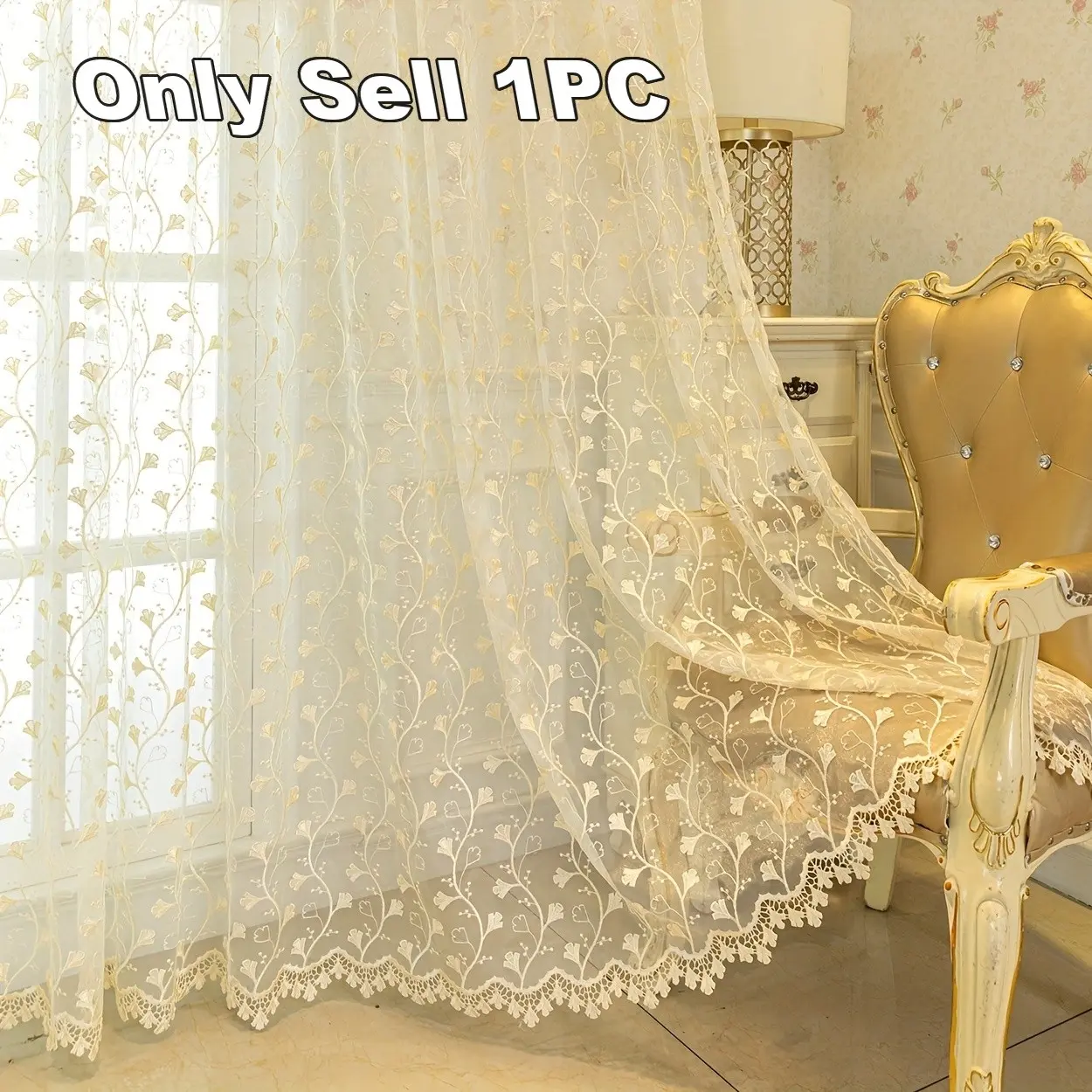 1PC Embroidered Leaf Pattern Window Curtain, UV Protection, Transparent, Rod Pocket, Home Decor for Living Room, Bedroom, Dining Room, Office