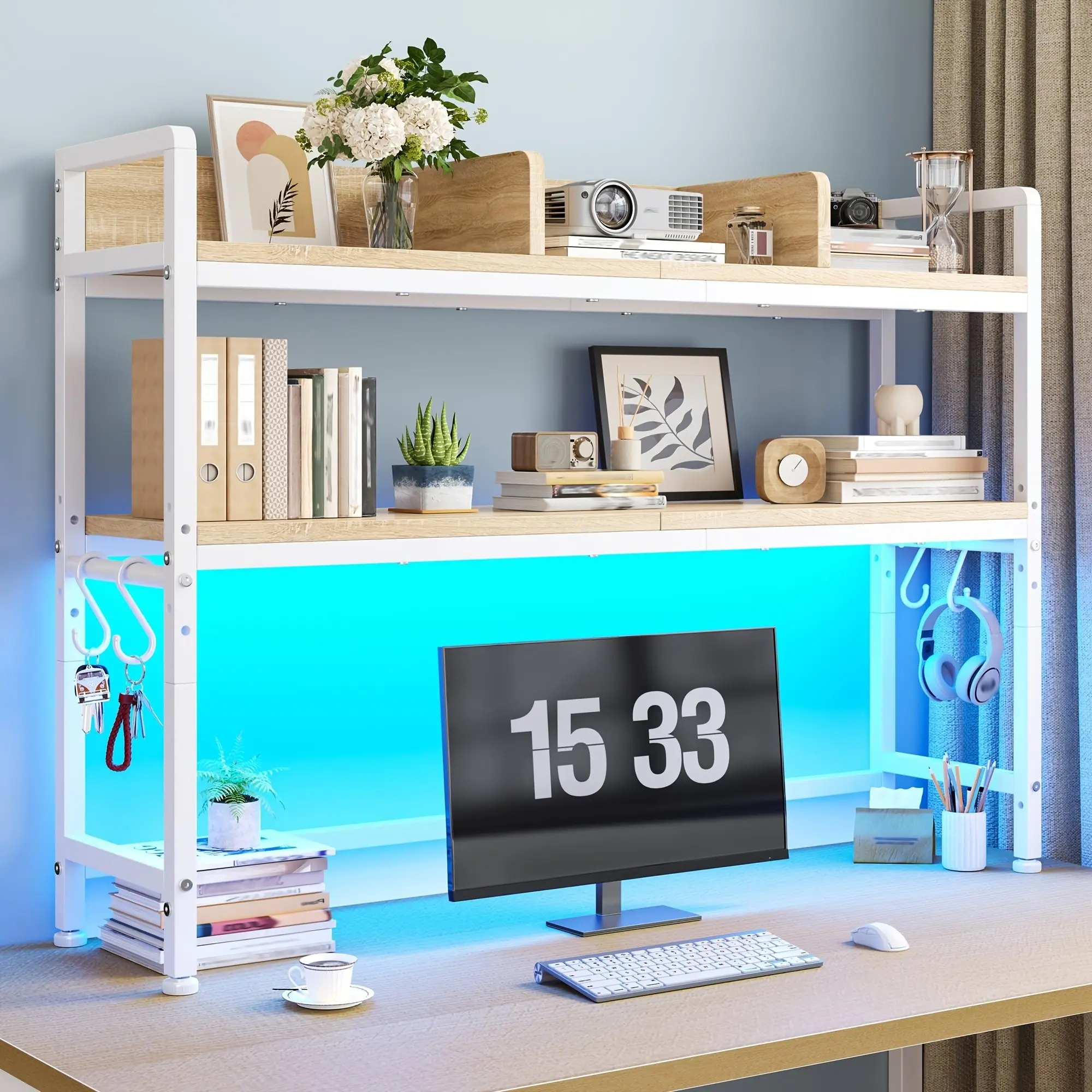 35.5" Desk Shelf with LED Lights And Hooks, 2-Tier Adjustable Multipurpose Solid Wood Desk Hutch Dorm, Desktop Organizer Rack with 3 Display Rack for Dorm, Office Home