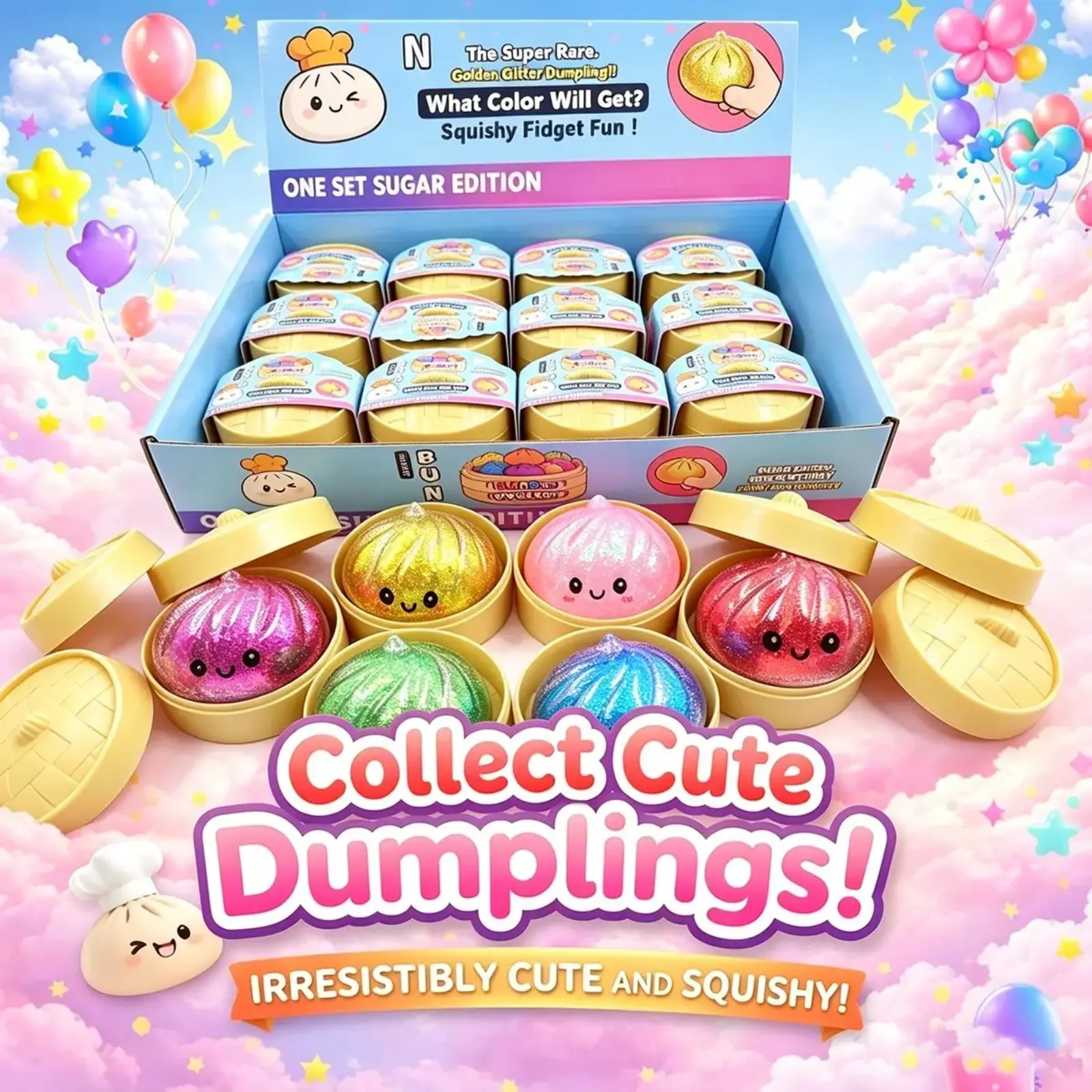 1/12 piece set - Sparkling dumpling with steamer, soft Fidget baozi squeeze toy, used to relieve adult stress and anxiety, soft squeeze stress relief dough - soft and fluffy squeeze toy - color random, Glitter Dumpling Squishy
