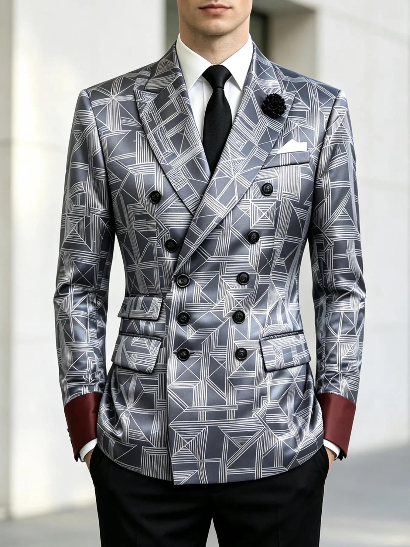 Ainwear Men's Geometric Print Double Breasted Blazer Jacket Suit, Satin Glossy Notched Lapel, Contrast Cuffs, Formal for Weddings Parties