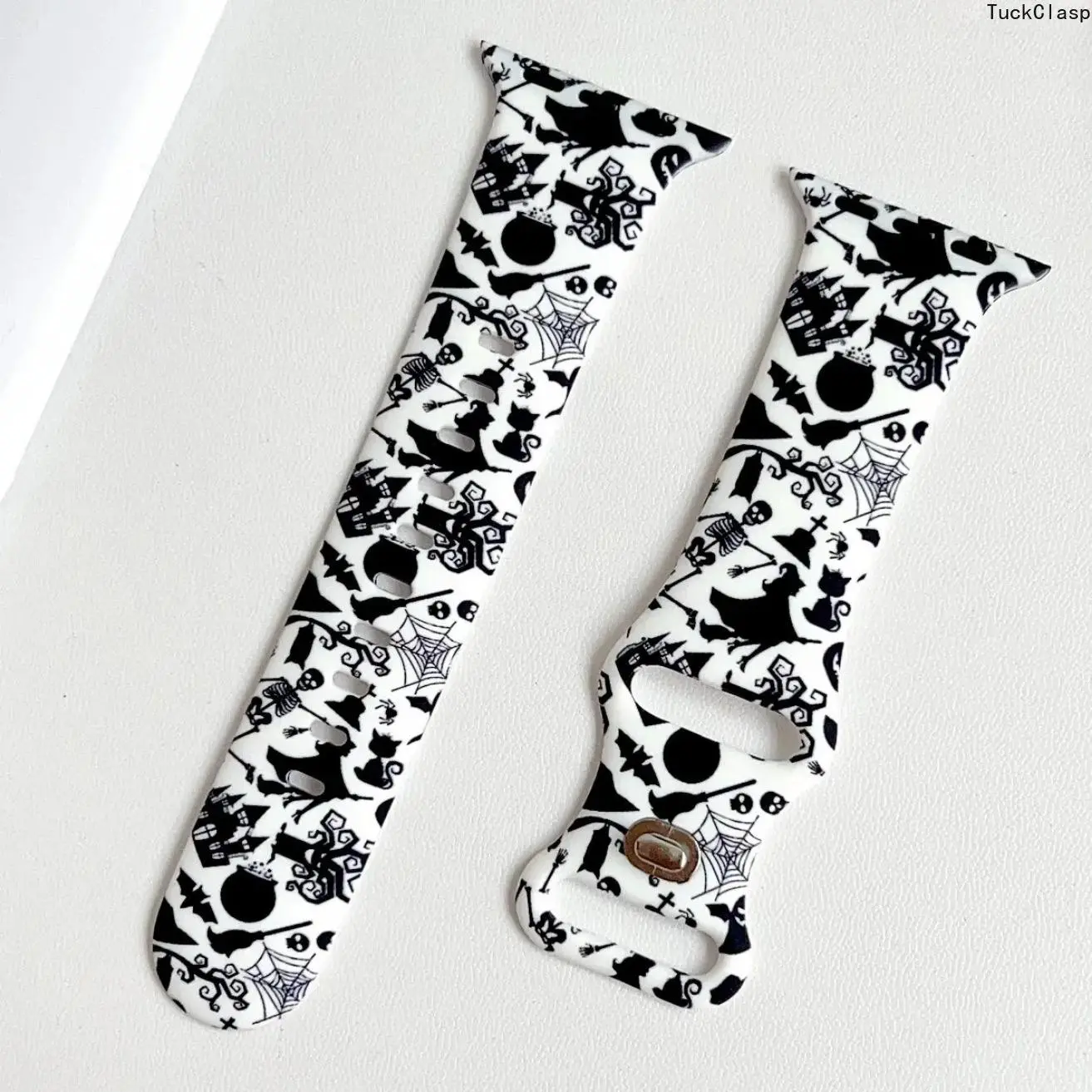 Minimalist Halloween Silicone Watch Band Compatible with Apple Watch, White Base with Witch Castle, Skeleton, Cauldron, Bat, and Spider Print, Waterproof Wristband Compatible with All Sizes, Vintage Spooky Strap for Teens and Fall Outfits